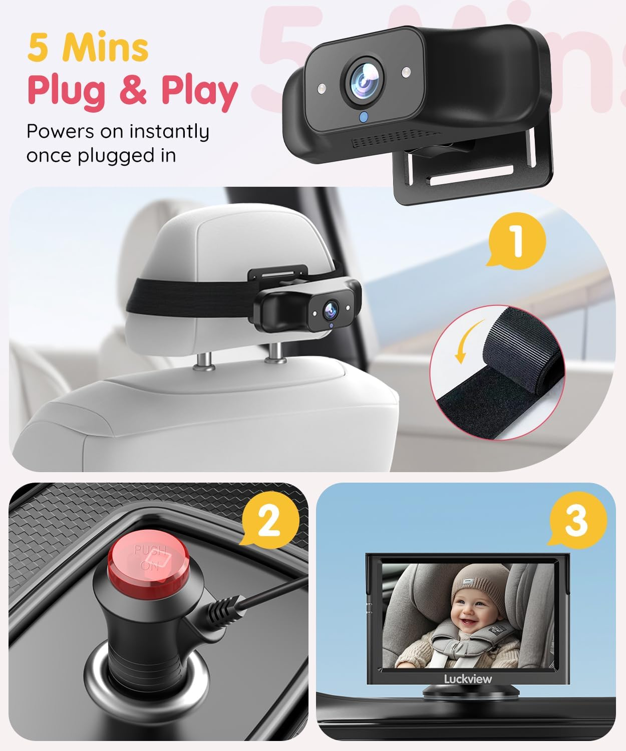 5'' 1080P Baby Car Mirror, Baby Car Camera IR Night Vision, 3X Zoom in Closer, Colors Accuracy & Full Viewing Angles, Driving Safety Baby Car Monitor for Back Seat Rear Facing BM1 BM1-US image number 5