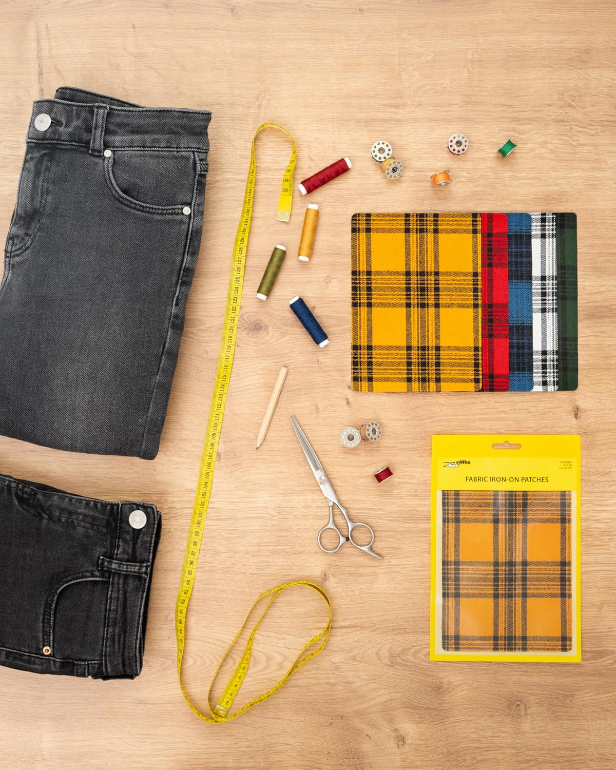 ZEFFFKA Premium Quality Large Plaid Tartan Fabric Iron-On Patches inside & outside Strongest Glue 100% Cotton Repair Decorating Kit Jeans Modern Cool Design 5 Pieces Size 5" by 7" (13 Cm X 18 Cm) image number 2