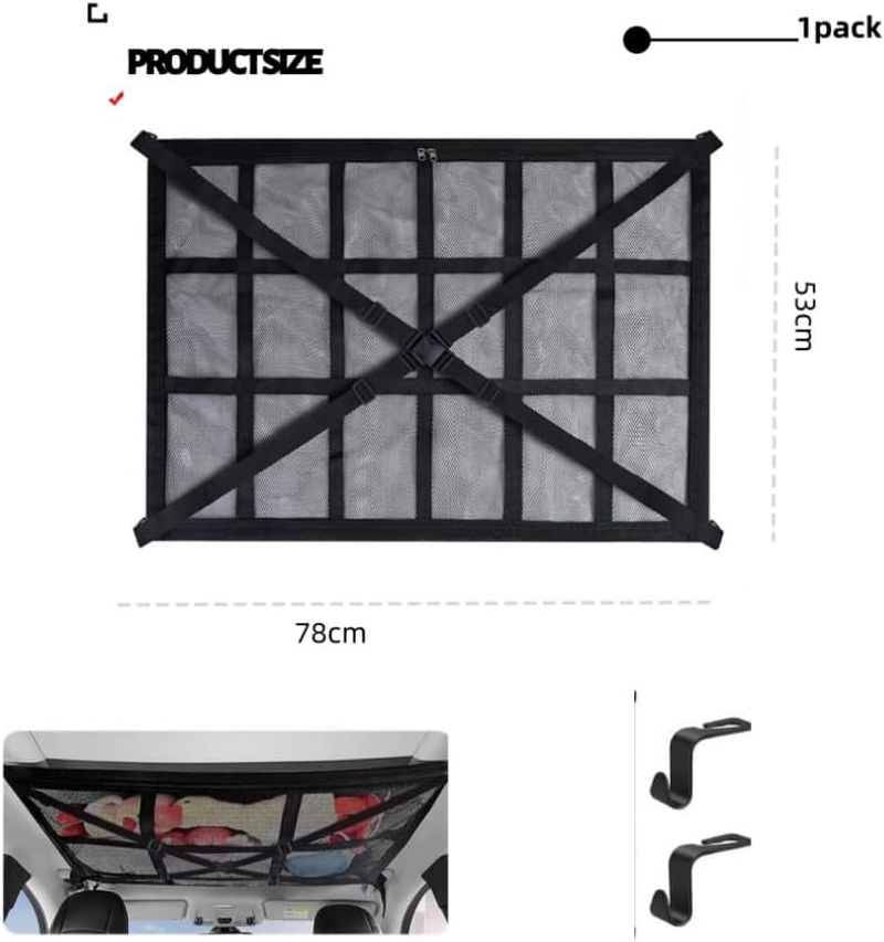 SUV Ceiling Cargo Net Pocket, Adjustable Double Large Car Ceiling Storage Net with 2 Seat Hooks, Mesh Car Roof Organizer Long Trip Storage Bag for SUV Long Trip Camping (Black) image number 6