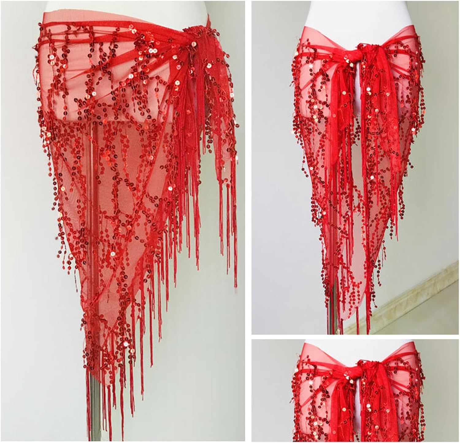 Belly Dance Sequin Triangle Hip Scarf Fringe Belt Wrap Skirt Party Costume for Women