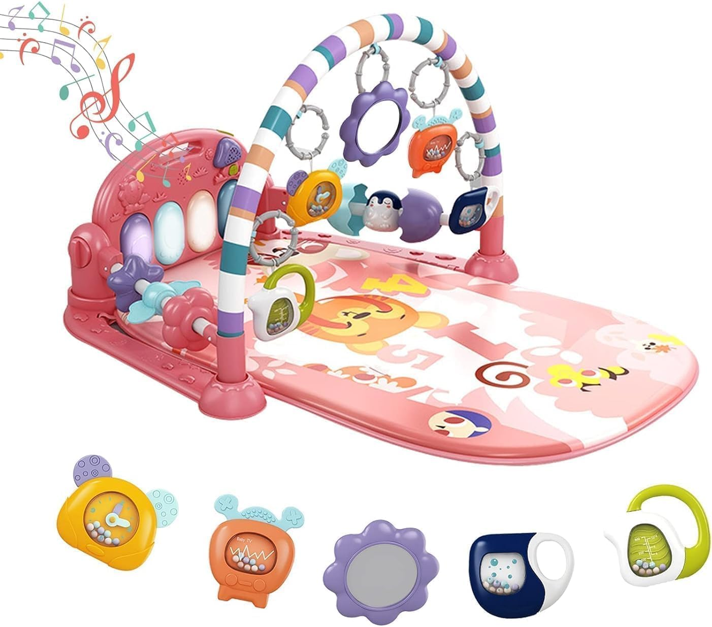 Veraste Baby Play Mat Baby Gym,Funny Play Piano Tummy Time Baby Activity Mat with 5 Infant Sensory Baby Toys, Music and Lights Boy & Girl Gifts for Newborn Baby 0 to 3 6 9 12 Months (Pink)