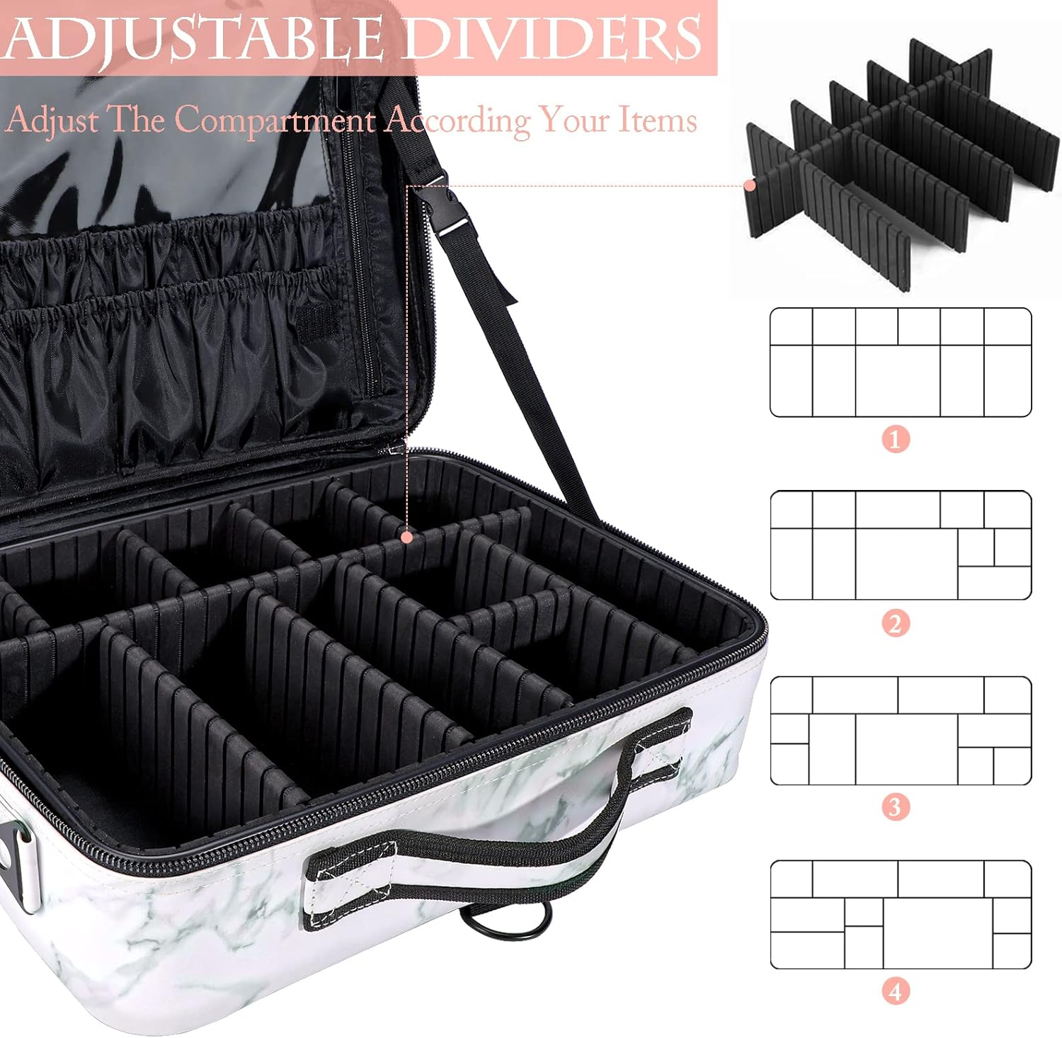 Makeup Case Travel - Large Makeup Bag 16" Professional Makeup Train Case with Adjustable Strap, Leather Makeup Artist Box for Hair Curler Hair Straightener Brush Set and Cosmetic, White Marble, image number 6