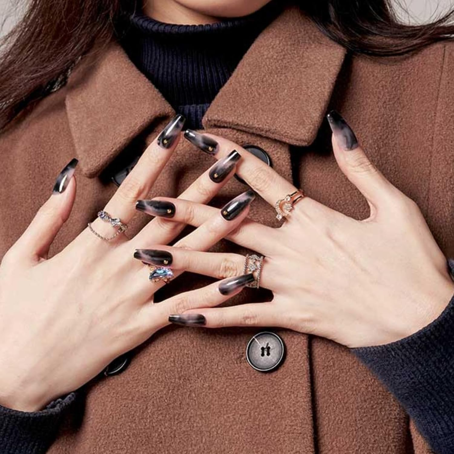 Black Press on Nails Coffin, GLAMERMAID Black Flase Nails Medium Long Reusable Acrylic Fake Nails with Glue, 24Pcs Black Black Glitter Stick on Nails Kits Full Cover with Design for Women Girls - Pearly White image number 3