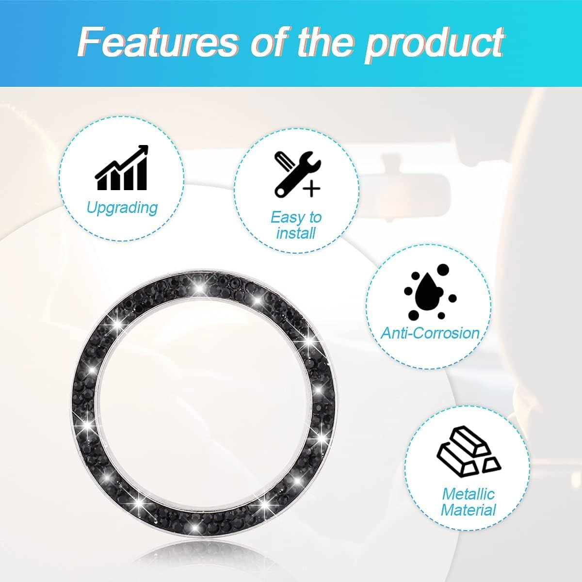 Car Bling Crystal Rhinestone Engine Start Ring Decals, 2 Pack Car Push Start Button Cover/Sticker, Key Ignition Knob Bling Ring, Sparkling Car Interior Accessories for Women (Black) image number 3