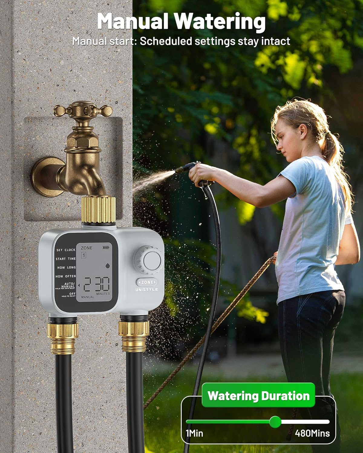 Water Timer 2 Zones, Sprinkler Timer Dual Outlet with Industrial Brass Inlet, Easy to Set Up, Automatic/ Manual/ Delay Mode for Watering Hose, Programmable Garden Tap Irrigation System image number 6