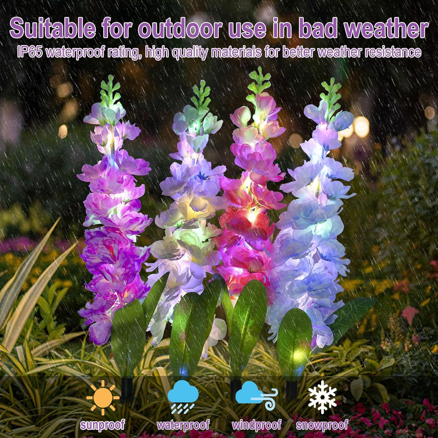 MRHEPHAESTUS Solar Garden Lights, Solar Delphinium Flowers Lights 4 Pack 80 Leds, Waterproof Solar Outdoor Lights Two Lighting Modes for Wedding Party Garden Yard Patio Lawn Decor image number 4