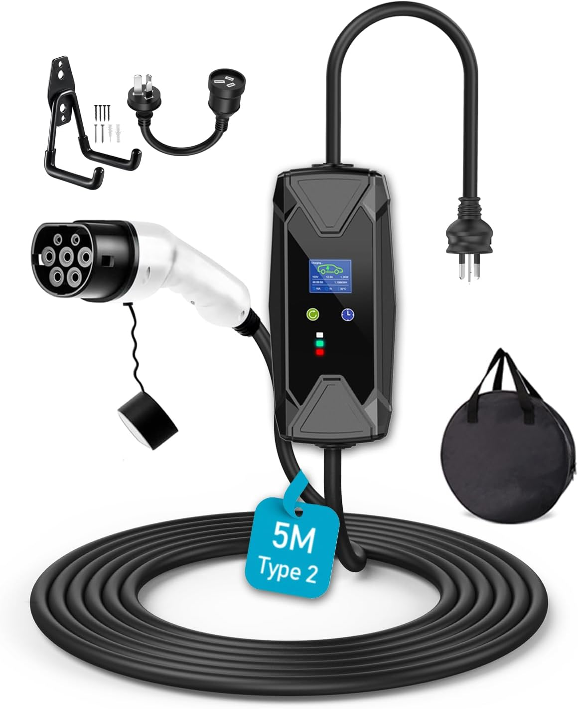 Type 2 (Mennekes) EV Charger with 15A Plug, 240V Adjustable 8/10/13/15A Portable Electric Vehicle/Phev Charger with 5M Cable | Tesla Model 3/Y, BYD, MG, Cupra, Polestar,Kia