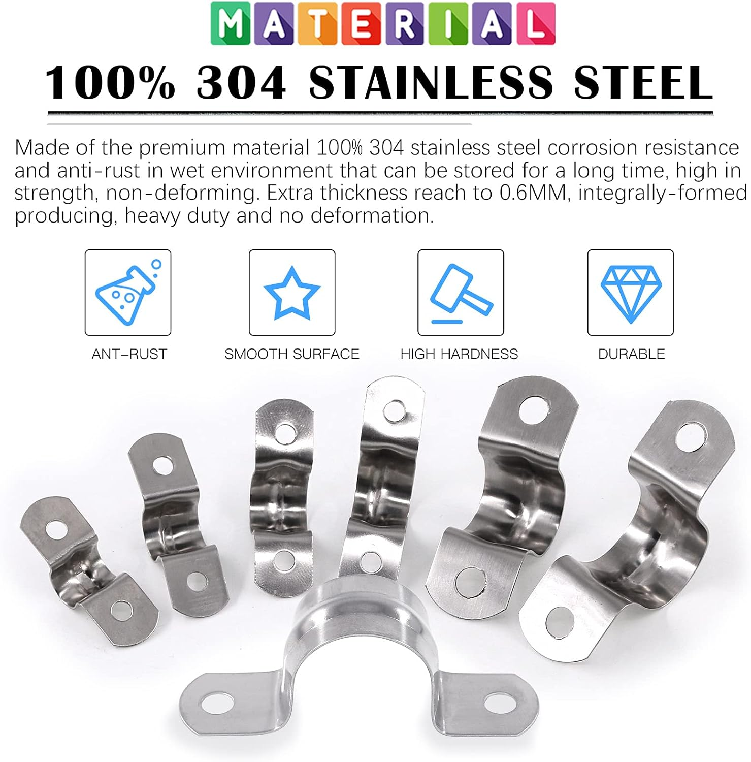 Glarks 85Pcs Pipe Strap Clamp Set M8 M10 M12 M14 M16 M20 M25 304 Stainless Steel Two Hole Strap Heavy Duty Rigid Pipe Strap U Bracket Tube Strap Assortment Kit for Pipe Tube Fixing image number 1