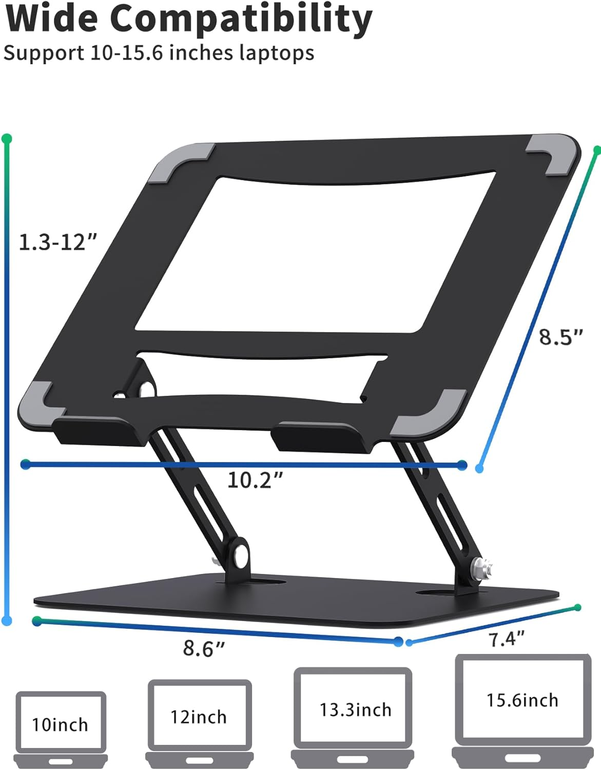 SOUNDANCE Laptop Stand for Desk with Stable Heavy Base, Adjustable Height Multi-Angle, Ergonomic Metal Riser Holder, Foldable Mount Elevator, Compatible with 10 to 15.6 Inches PC Computer, Black image number 6