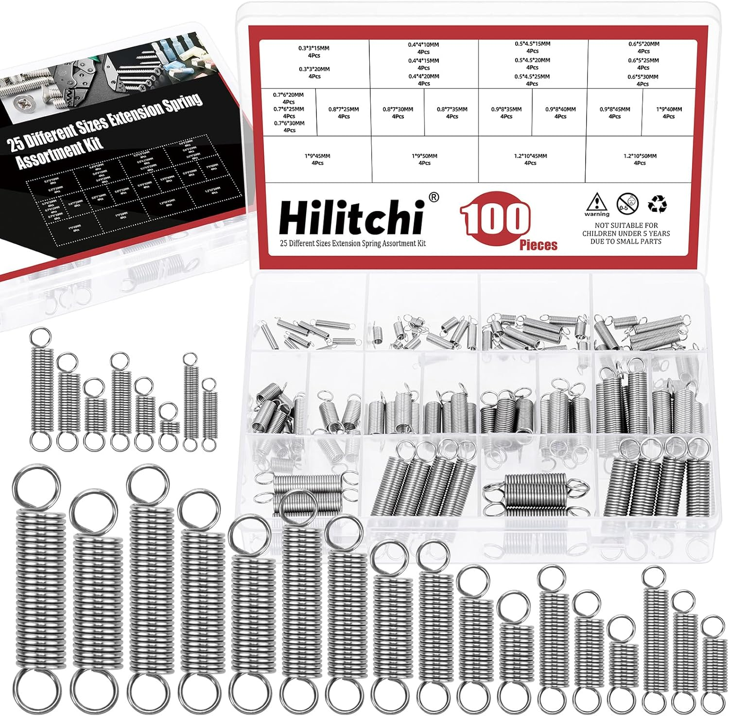 Hilitchi 100Pcs 25Sizes Extension Spring Assortment Kit Extension Spring Stainless Steel Springs Assorted Size Small Springs Compression Tension Springs for Repairs Maintenance image number 6