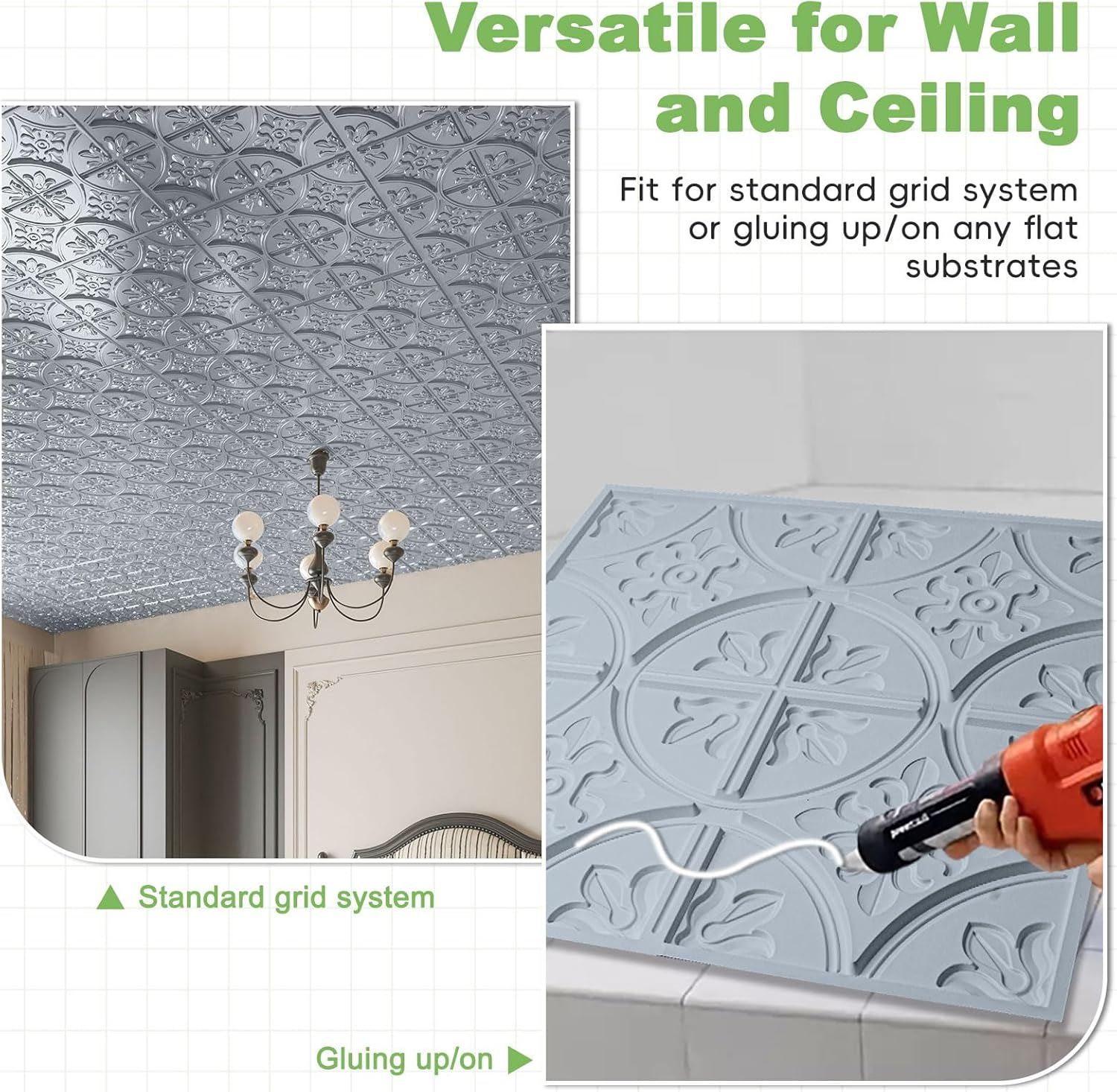 Art3D Drop Ceiling Tiles 2X2, Glue-Up Ceiling Panel, Fancy Classic Style in Gray image number 5