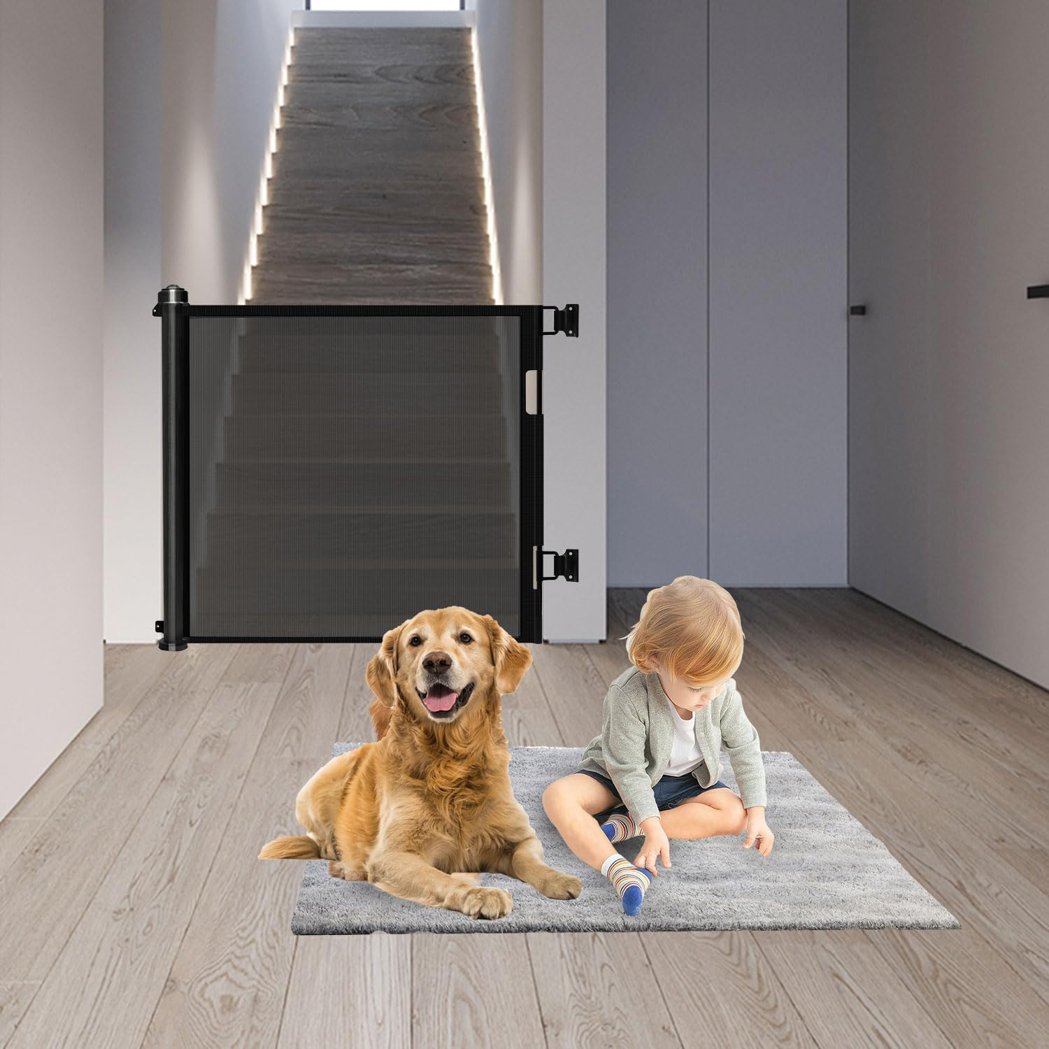 Universal Fit Retractable Baby Gate - Extra Wide Coverage up to 177" - Easy Install Durable Mesh Material for Dogs Indoor with Door (Grey, 86CM X 450CM)