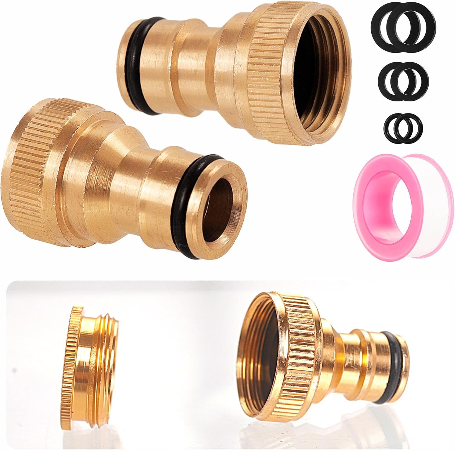 Brass Garden Hose Tap Connector,2Pcs 1/2 Inch Brass Male Threaded Tap Connector for Hose Pipe,1Pcs 1/2 Inch&3/4 Inch 2-In-1 Female Threaded Faucet Adapter Hosepipe Fittings