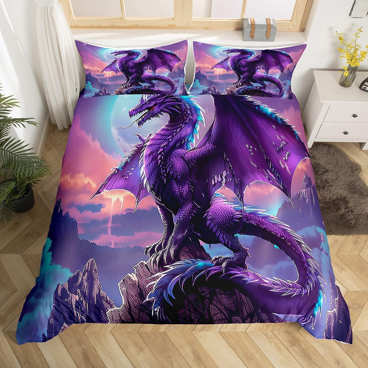 Erosebridal 3D Dragon Duvet Cover Set, Purple Galaxy Full Bedding Sets Magic Animal Wildlife Comforter Cover, Dragon Theme Bed Cover (Zipper Closure)