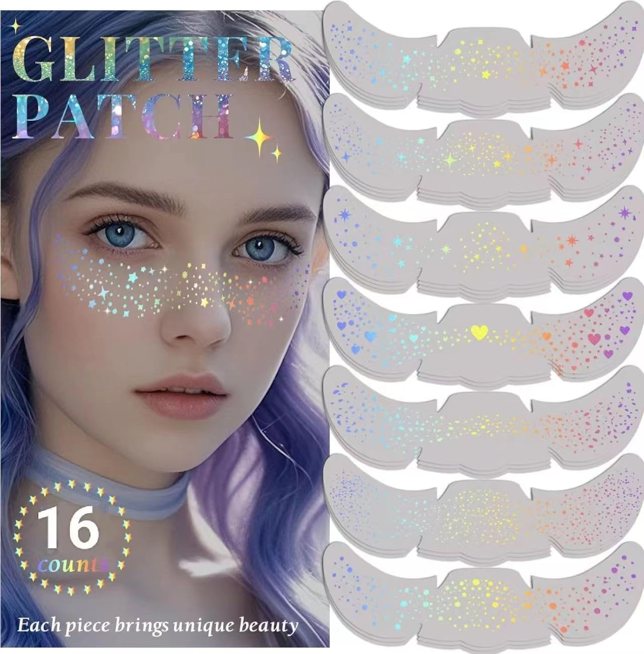 Glitter Freckles Face Tattoo, 16 Pcs Multichrome Holographic Sparkle Face Glitter Freckles Speckles Stickers, Waterproof Metallic Cute Star Temporary Tattoo Stickers Makeup Patches Festival Rave Accessories image number 5