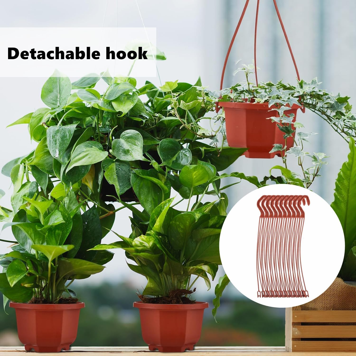 10 Sets of Octagonal Plant Hanging Flower Pots, Plastic Hanging Planters with Drainage Holes and Hooks, for Garden Balcony Decoration (Brown)