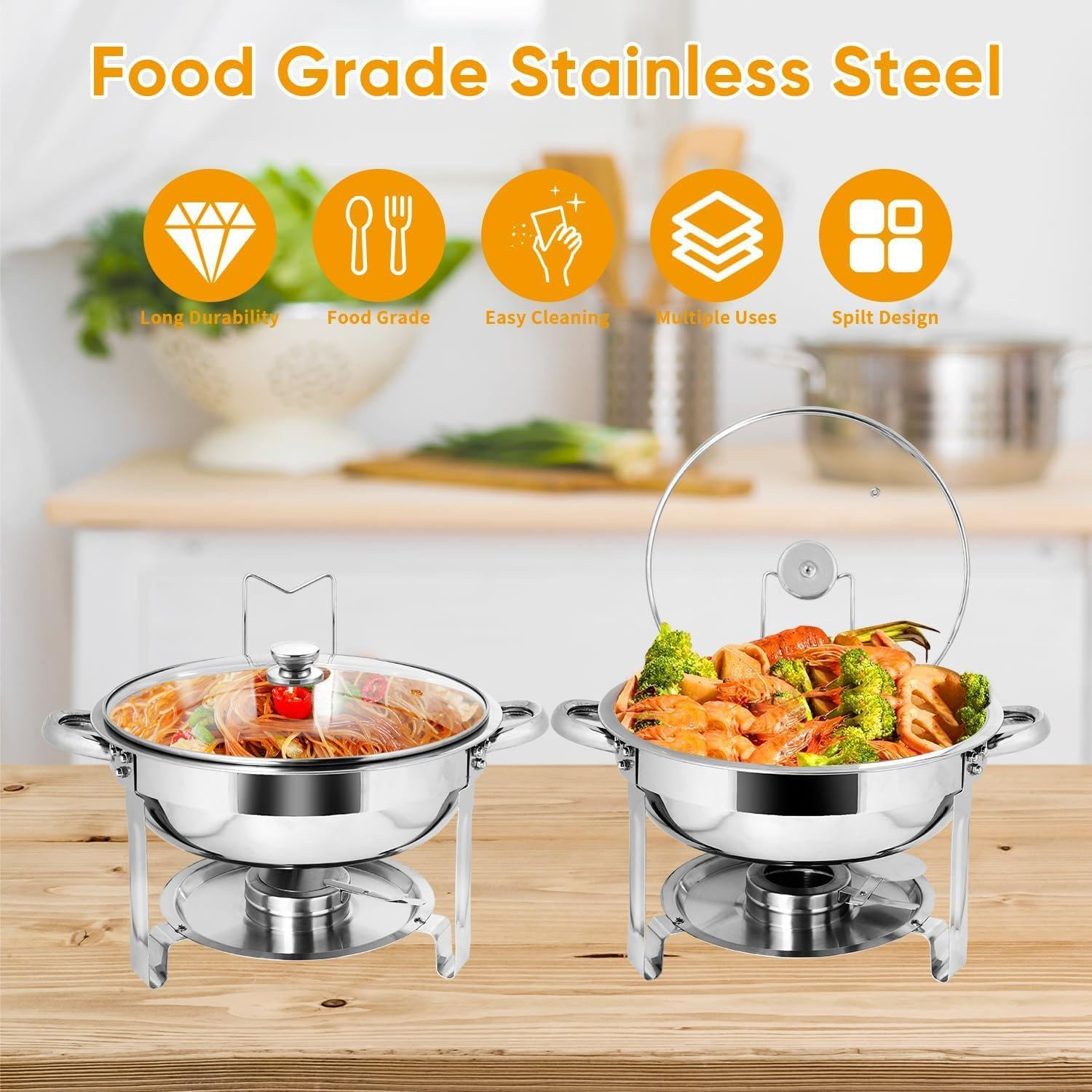 9SHOME 2Pack Chafing Dish Buffet Set, 4.5L Stainless Steel round Chafer with Glass Lid & Lid Holder, 5QT Buffet Servers Food Warmers Set with Food and Water Trays for Dinner, Parties, Wedding, Camping image number 2