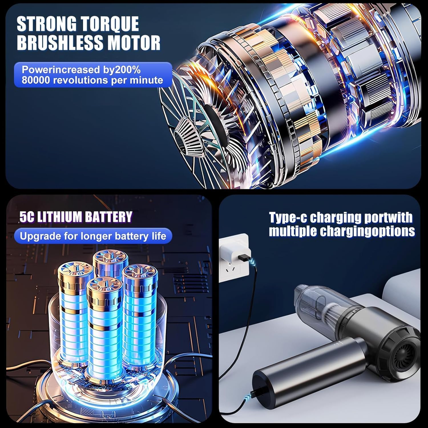 Dilidala Car Vacuum Cleaner, Portable Handheld Vacuum Cleaner 25000PA High Power, Mini Vacuum Cleaner for Carpet Pets Hair, Air Duster Air Blower image number 4