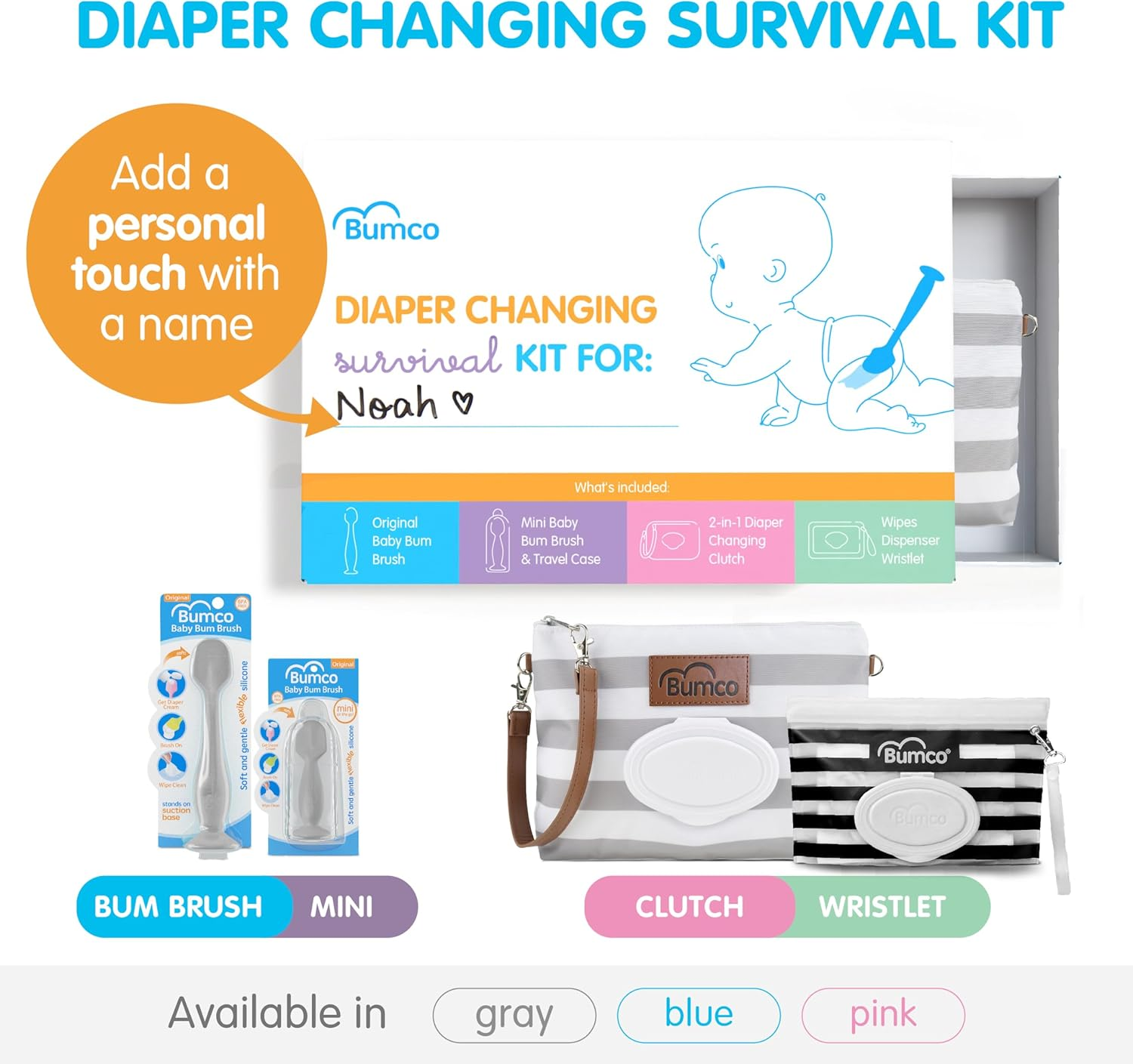 Bumco Baby Gift Basket - Personalized Diaper-Changing Baby Gift Set, Gender Neutral Baby Gift with 2 Baby Bum Brushes (Original & Mini) + Diaper Clutch Bag + Wipes Wristlet, Newborn Gift Set - Blue image number 5