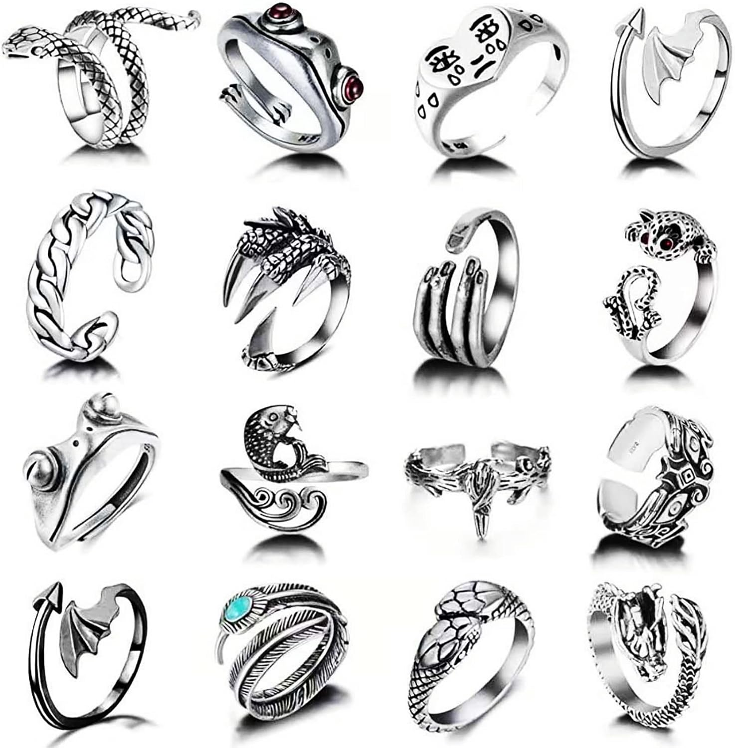 ZALIZR 16 Pcs Animal Open Rings for Women Men Girls, Vintage Frog/Dragon/Snake/Eagle Knuckle Stacking Ring Set, Boho Gothic Punk Finger Rings, Adjustable Open Punk Rings for Men Women image number 6