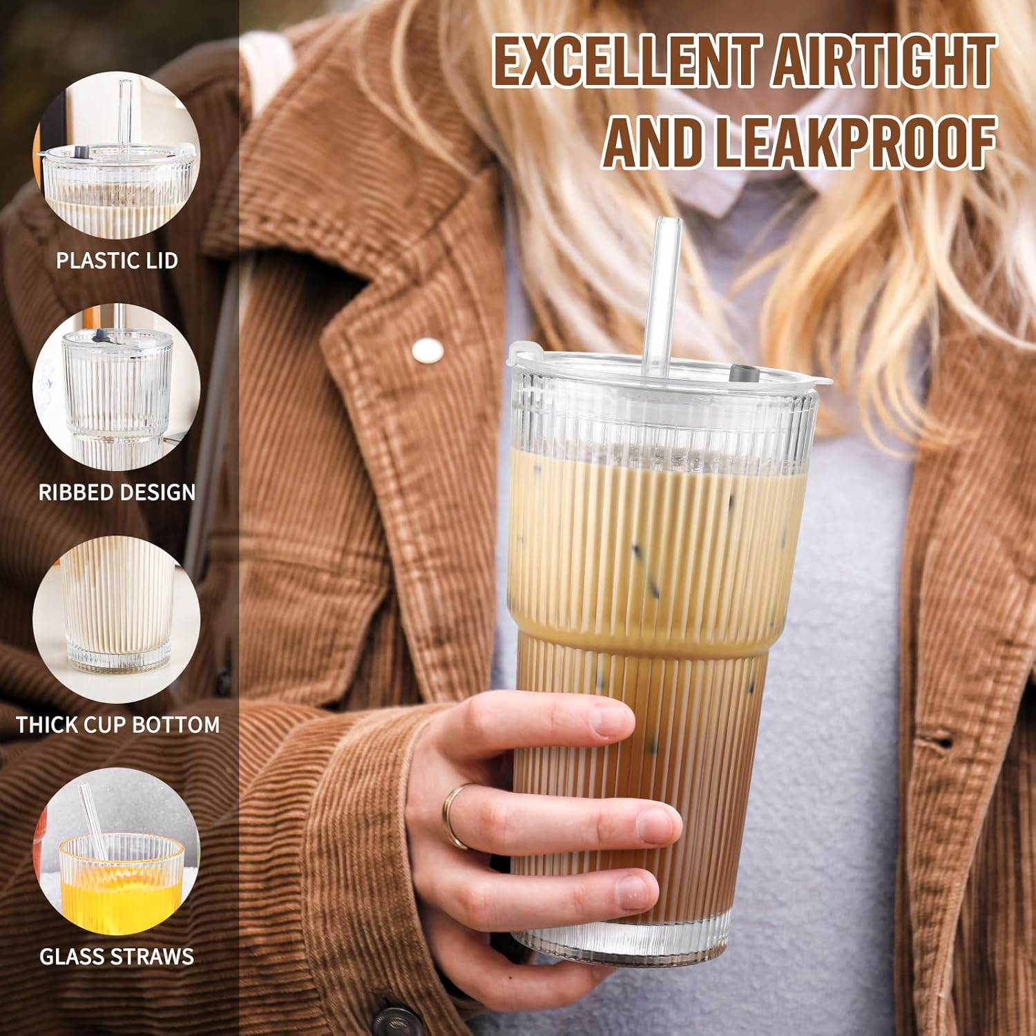 20 Oz Ribbed Glass Cup with Lid and Straw, Glass Tumbler with Straw and Lid, Vintage Glassware for Whiskey Cocktail Beer, Iced Coffee Cups with Lid (1 Pack) - 2 Glasses + 2 Straws + 2 Lids image number 2