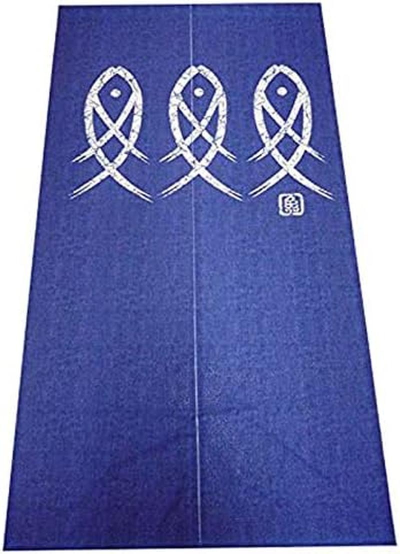 Japanese Noren Doorway Curtain Ancient Character Fish Tapestry for Home Decoration Blue 33X59Inch image number 1