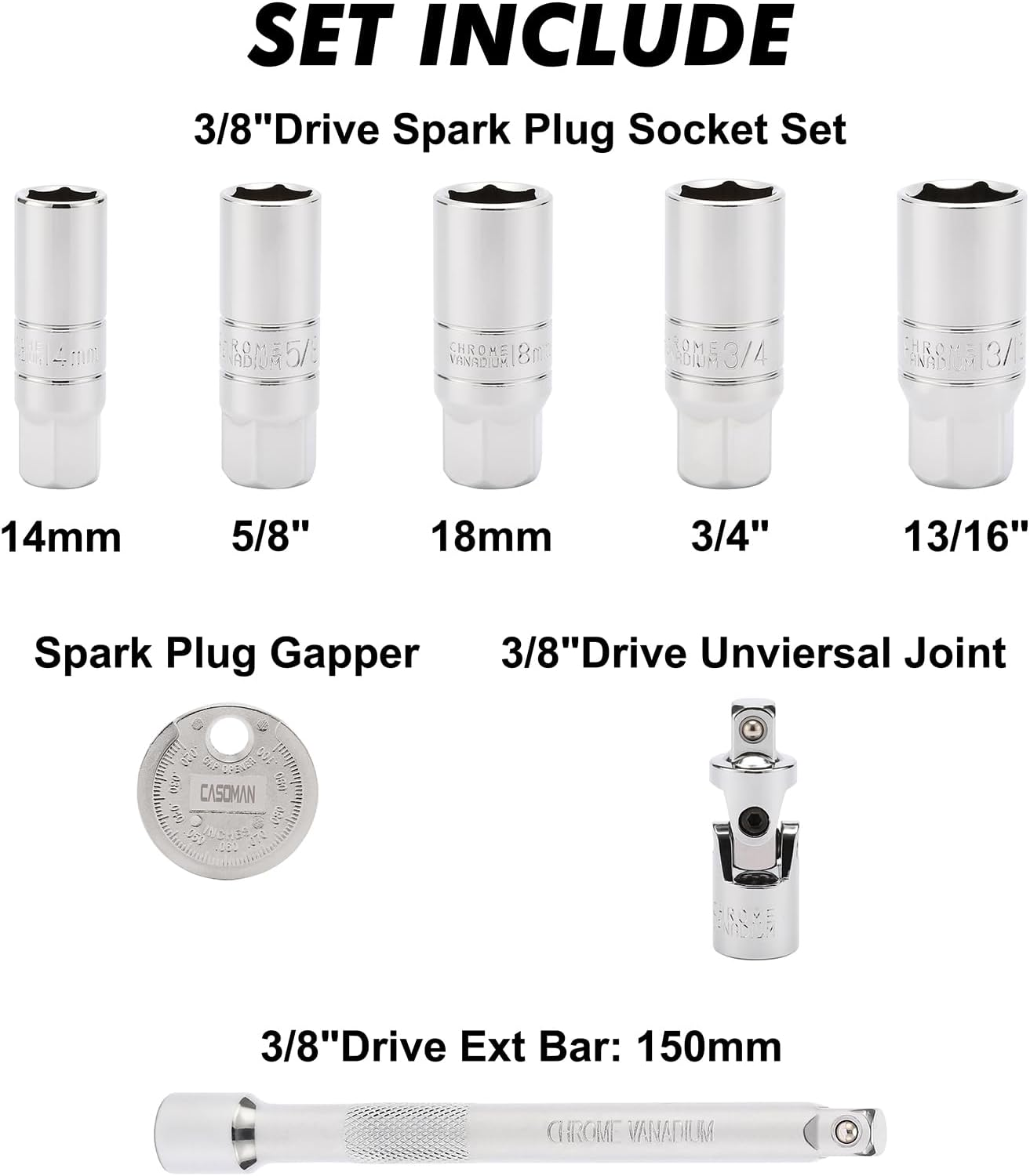 3/8-Inch Drive Spark Plug Socket Set, 6-Point, Include Extension Bar, Universal Joint & Spark Plug Gapper, 8Piece Set, CR-V Steel image number 5