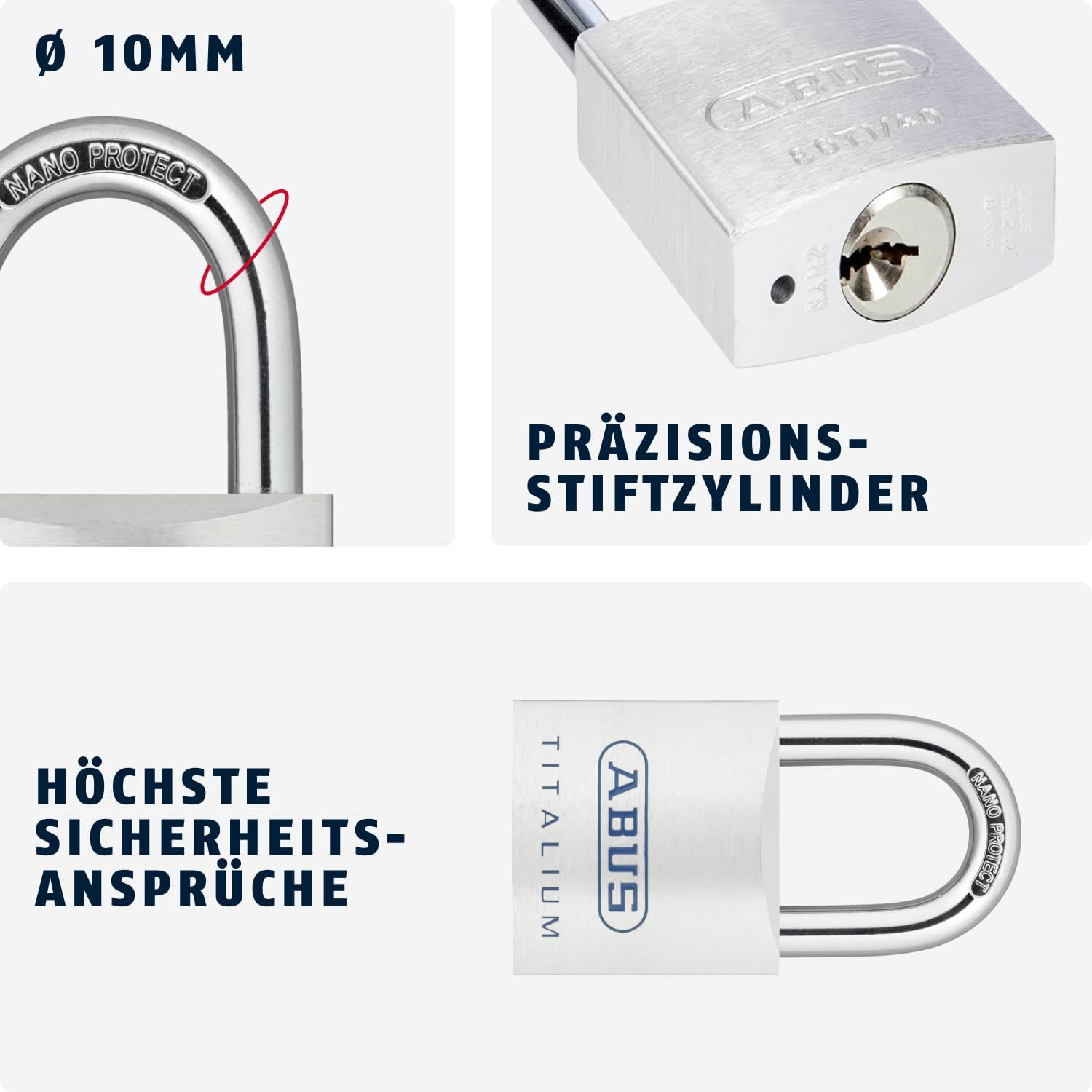 ABUS Titalium 80TI/50 Gl.-8012 Padlock - Keyed Alike - Basement Lock with Lightweight, Solid Lock Body Made of Special Aluminium - ABUS Security Level 8 - Silver image number 5