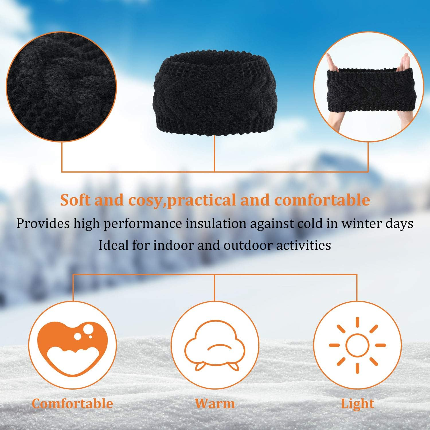 Winter Headband Wool Cable Knit Headband Hair Wrap Ear Warmer for Women (Black) image number 3