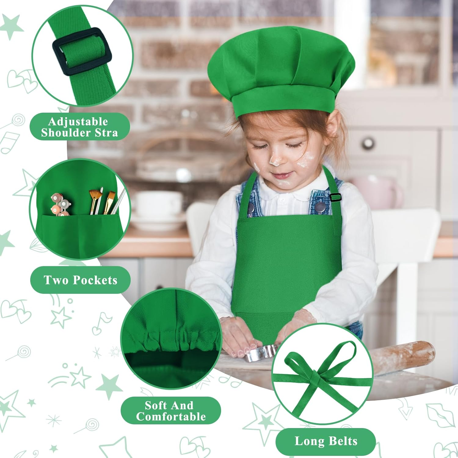 Kids Apron and Chef Hat Set Adjustable Chef Art Apron with 2 Pockets Toddler Chef Hat and Apron for Cooking Painting, M-Green, Small image number 2