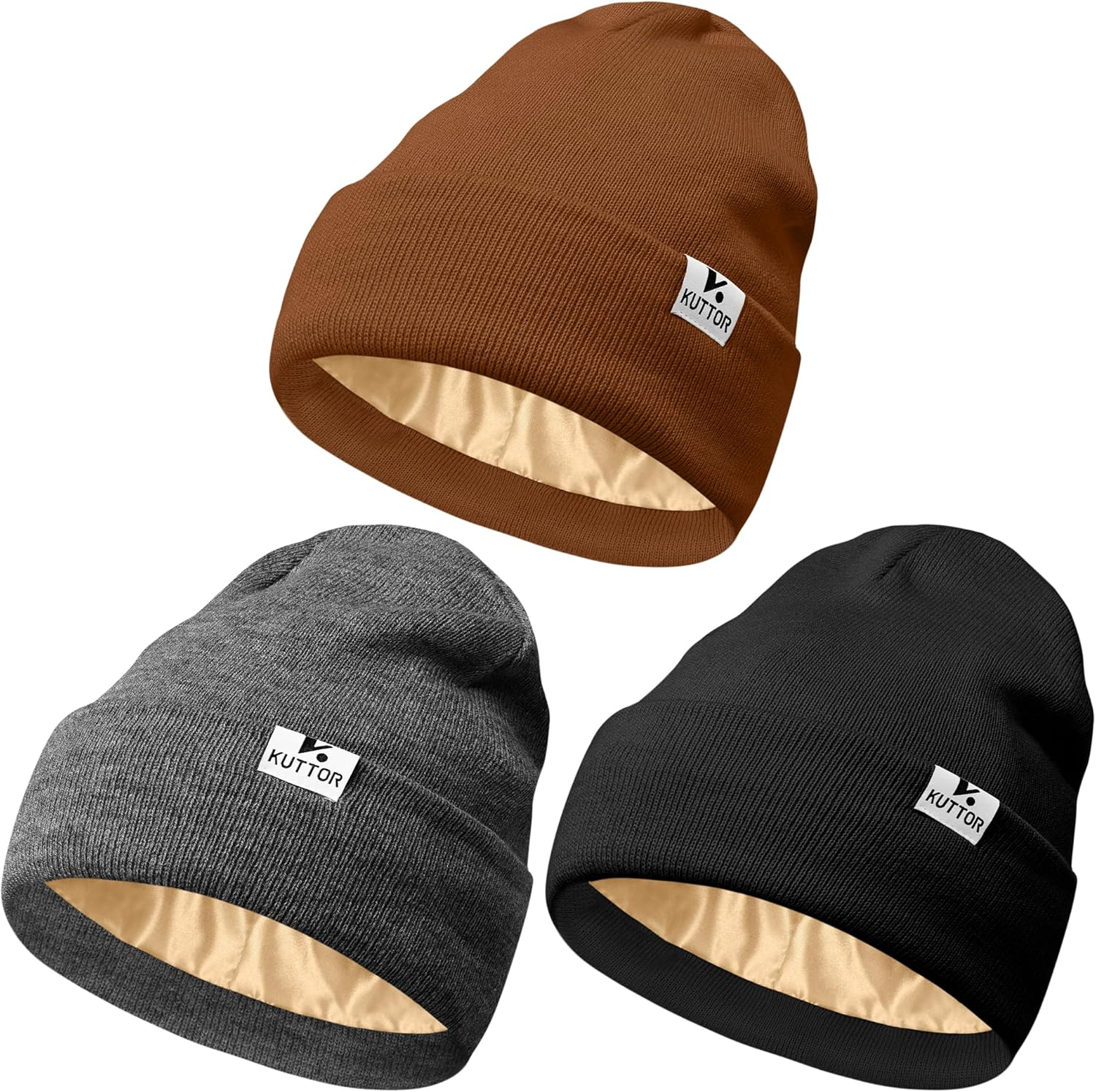 KUTTOR 3 Pack Satin Lined Beanie for Women Men Winter Slouchy Cap Adult Soft Knit Hat with Satin Lining One Size Fits Most