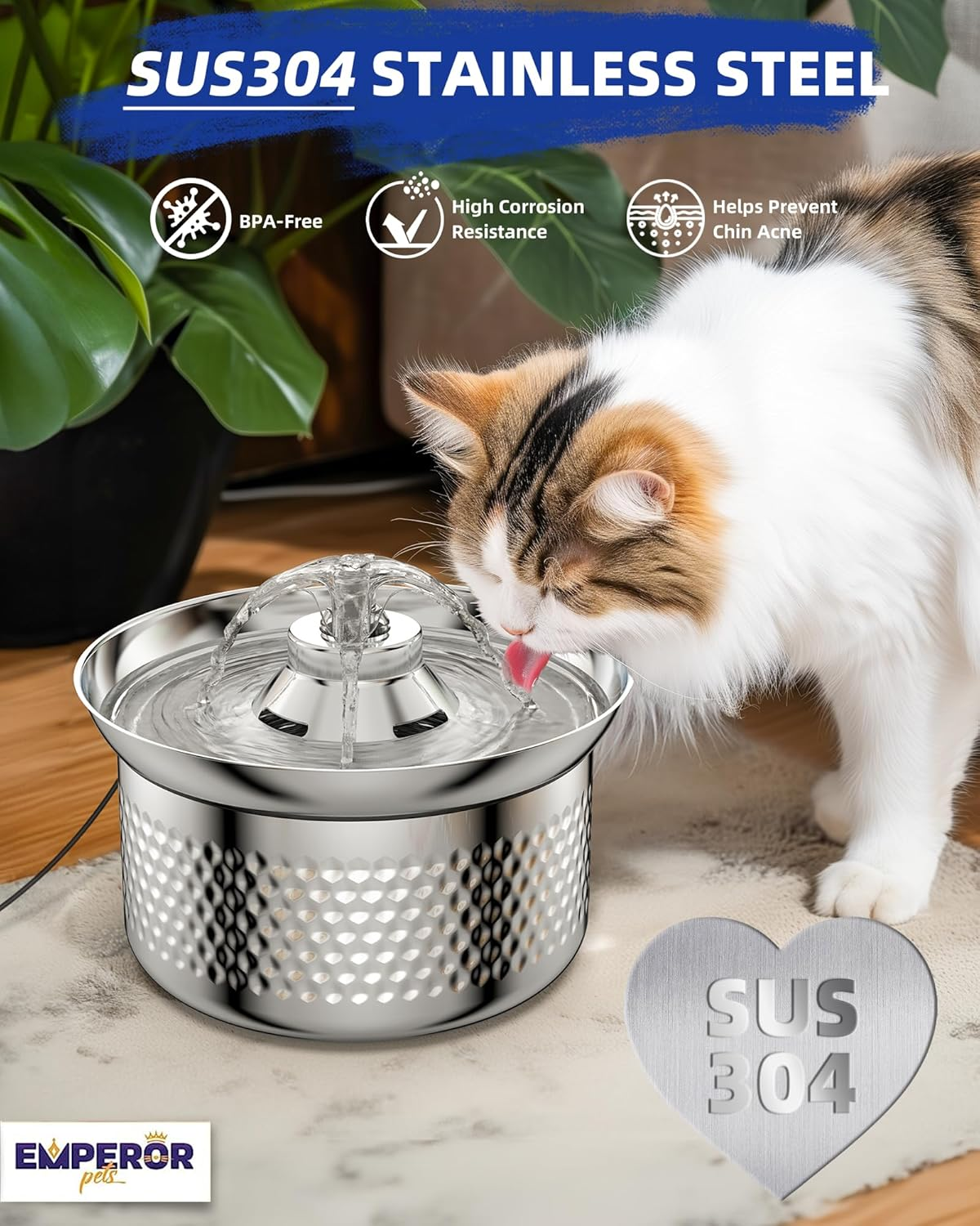 Emperor Pets - Cat Water Fountain & Pet Water Fountain, 108Oz/3.2L Stainless Steel Pet Drinking Fountain - Automatic Cat Water Dispenser & Dog Fountain - Dishwasher Safe, Ultra-Quiet Pump Kitty Spout image number 4