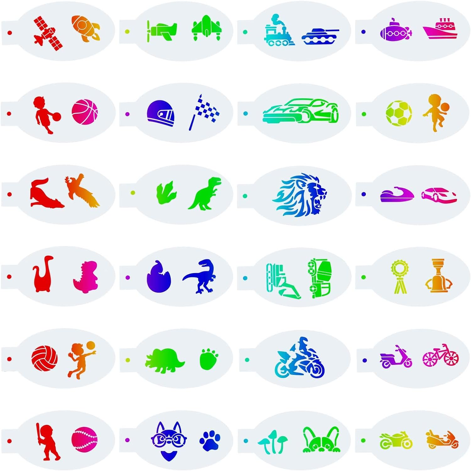 GORGECRAFT 24Pcs Face Paint Stencils Body Painting Template Vehicle Aircraft Ships Ball Sports Animals Dinosaurs Pattern Reusable Soft Tattoo Stencils for Cosplay Sports Party Body Makeup Art Painting image number 2