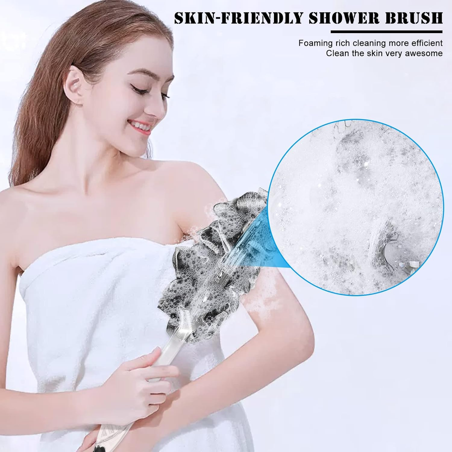 Loofah Bath Shower Sponge Body Scrubber,1 Long Handled Back Brush and 2 75G XL Exfoliate Mesh Pouf Shower Bouquet,3 Pack Shower Scrubber for Women and Men image number 6