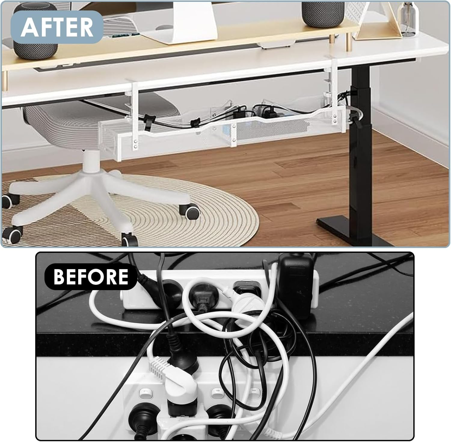 64CM under Desk Cable Management Tray, Cable Organizer, Cable Management Box, Cord Organizer for Desk, under Desk Storage for Office Home - No Drill to Desk Cable Raceway (White) image number 7