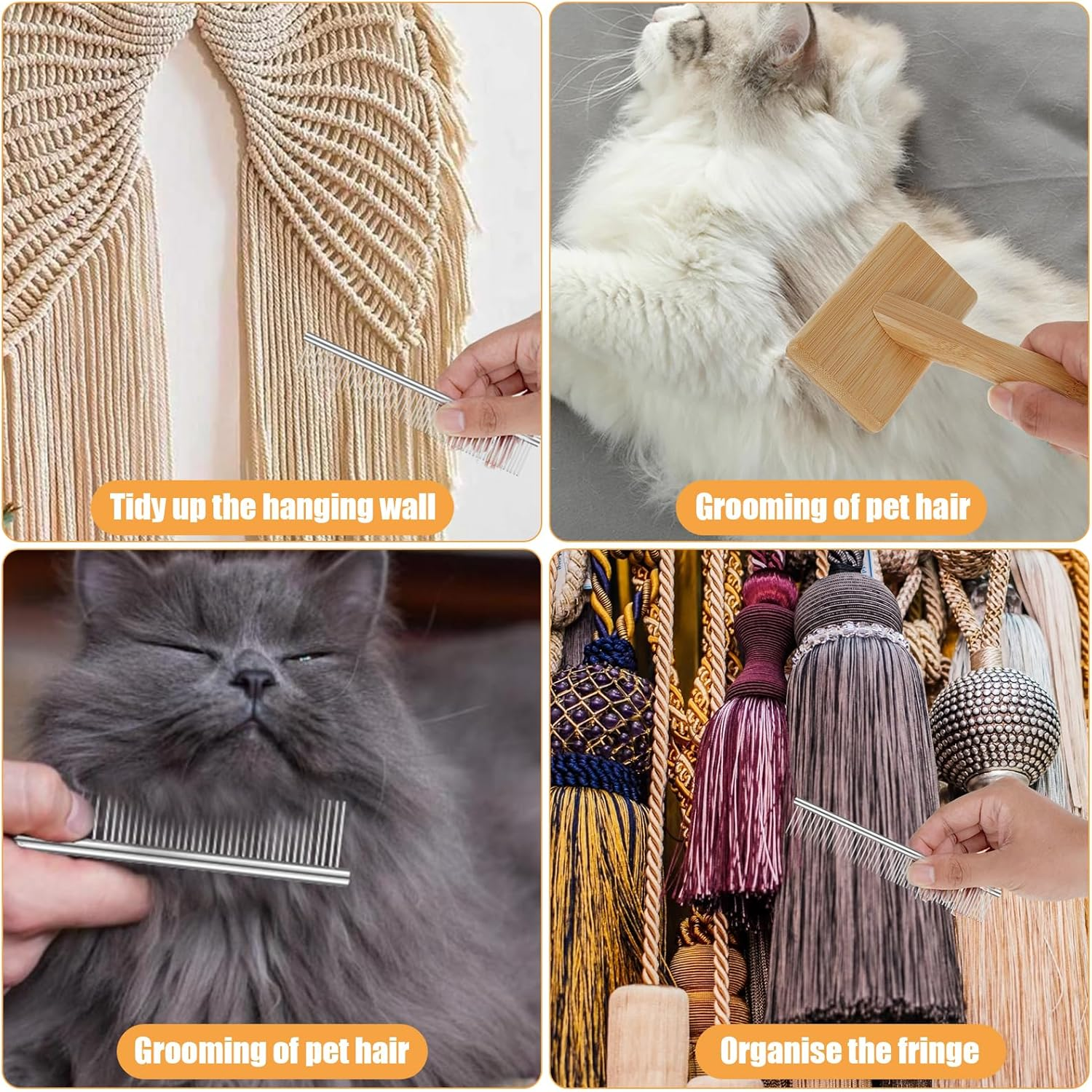 2Pcs Self-Cleaning Slicker Brush for Dog & Cat, Pets Grooming Comb Kit,Pet Massage Brushes,Stainless Steel Pet Hair Combs Removes Tangles Loose,Multipurpose Tassel Grooming Tool for Knitting Cord Rope image number 5