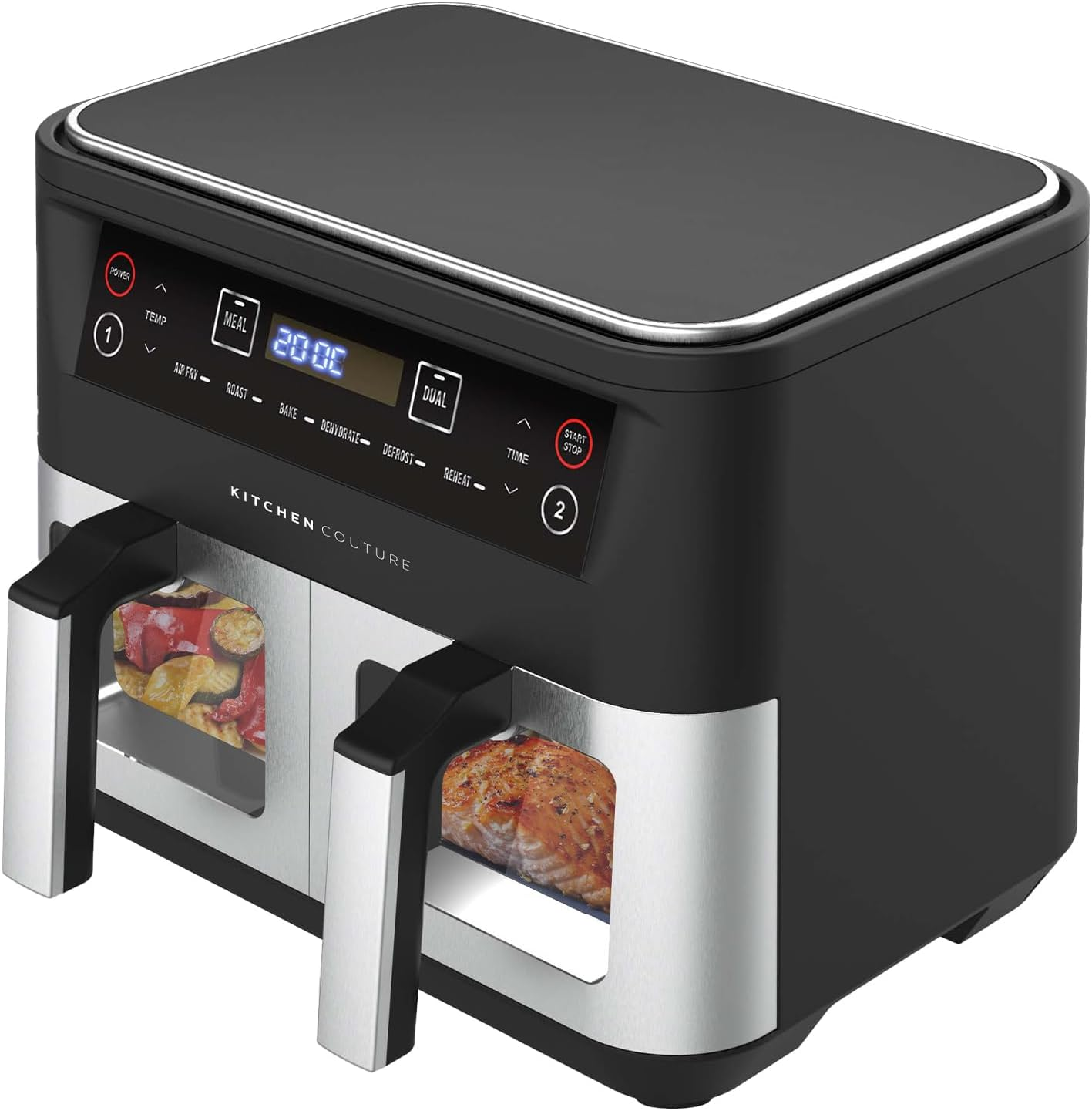 Kitchen Couture Dual Draw 10 Litre (2 X 5 Litre) Stainless Steel Air Fryer - Dual Cooking Zones, LED Display, Rapid Air Circulation, 1600W Black Silver image number 2
