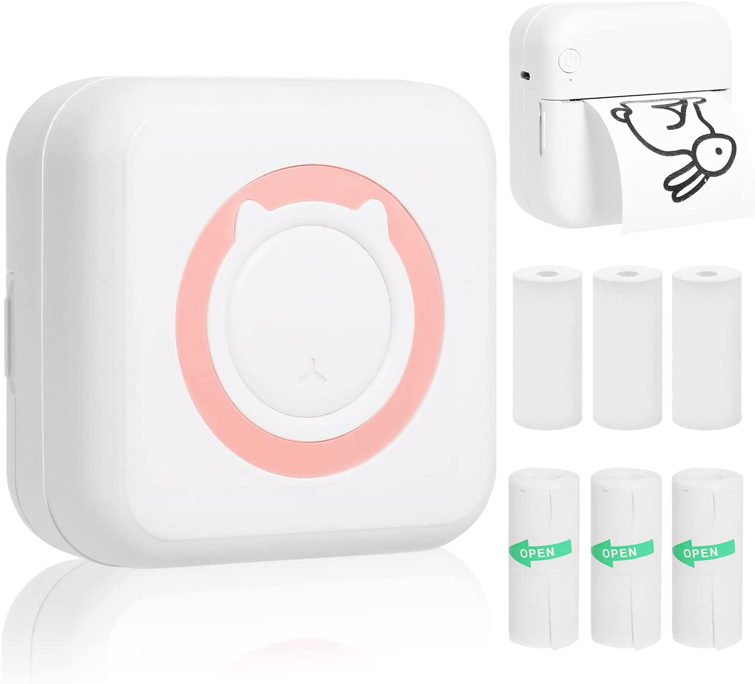 AURTEC Mini Thermal Printer, Portable Wireless Bluetooth Inkless Printer with 3 Rolls of Sticker and 3 Rolls of Thermal Paper, Compatible with Android/Ios, Pocket Printer for Memo, DIY, Photo and More