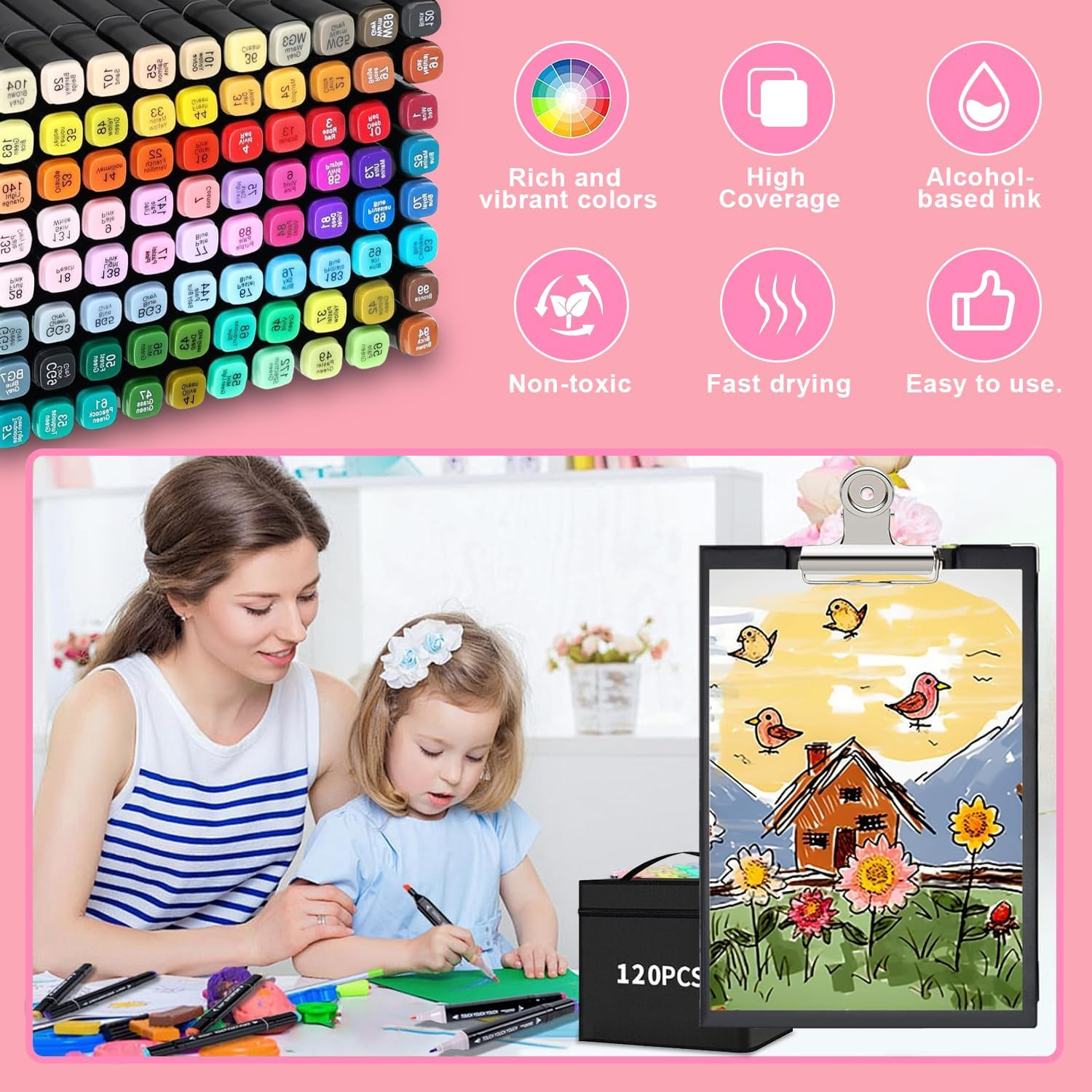 NULOUMA Alcohol Markers, 120 Colors Dual Tip Colouring Markers for Coloring Sketching Anime Illustrations Children'S Drawing Students' Art Classes Architecture Landscape Clothing Design Etc. image number 1