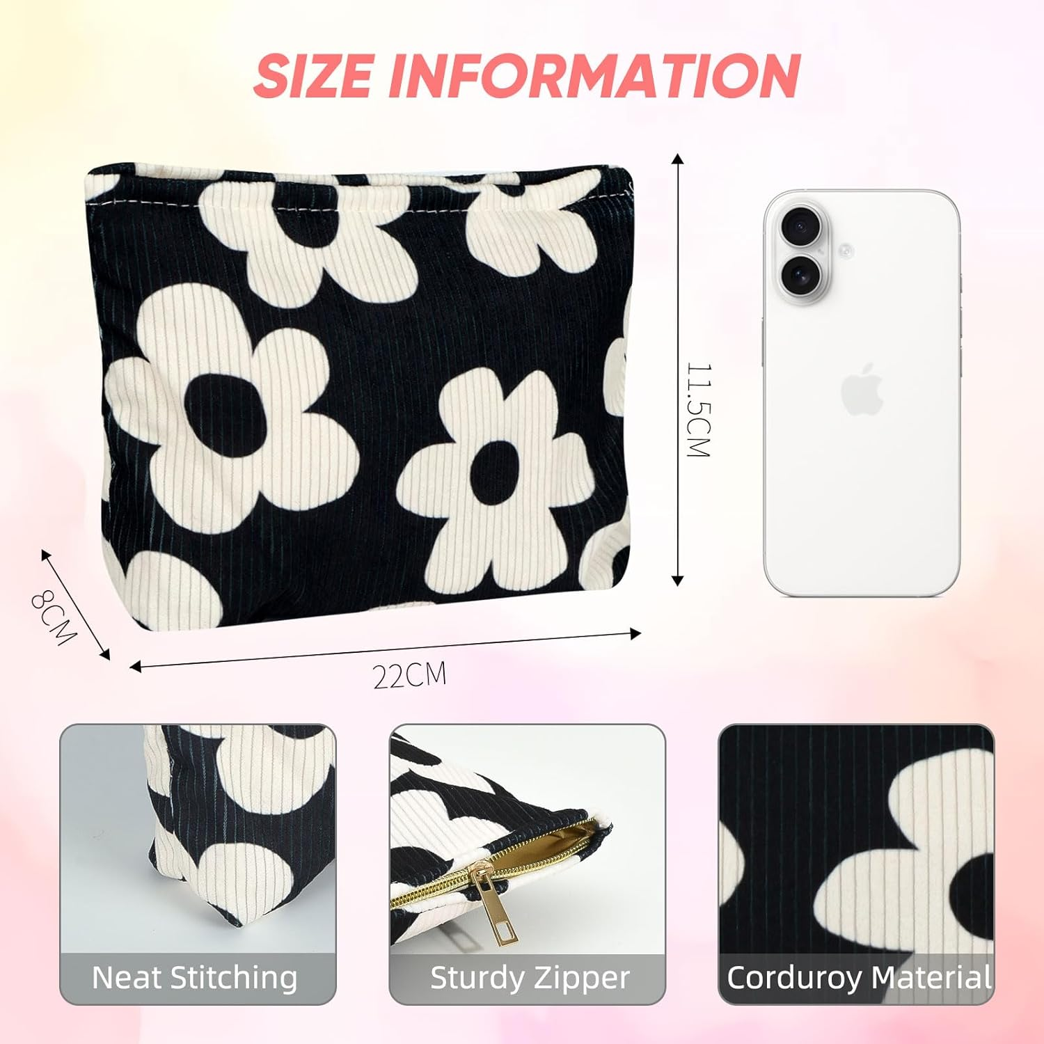 Ksriylm Cute Makeup Pouch for Women Flower Small Make up Bag for Purse Zipper Initial Cosmetic Bags Pouches for Purse Aesthetic Travel Toiletrybags Gift,Black White Floral image number 6