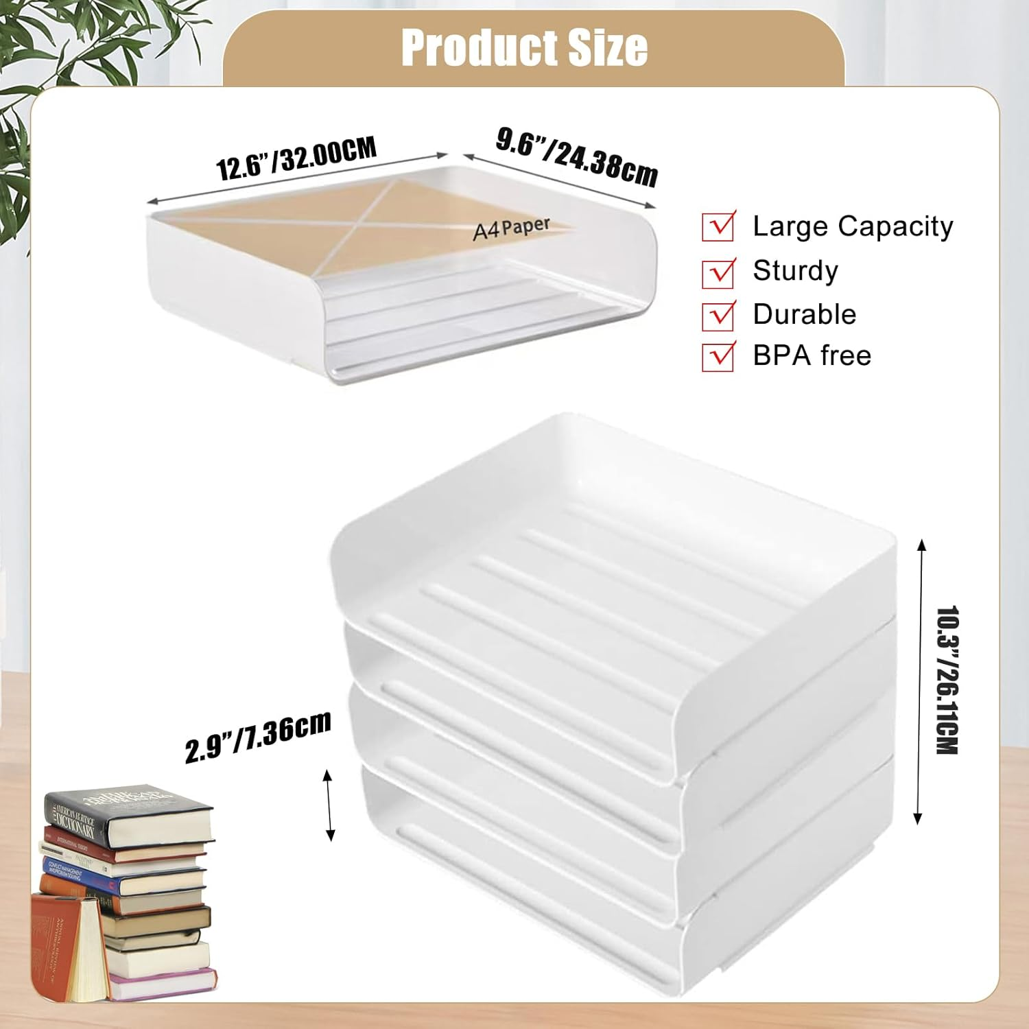 4 Tier Desk Organizer, Stackable Paper Tray Organizer for Document, Letter, A4 File Paper, Desk Accessories, Notes, Pens (White, 4 Pack) image number 6