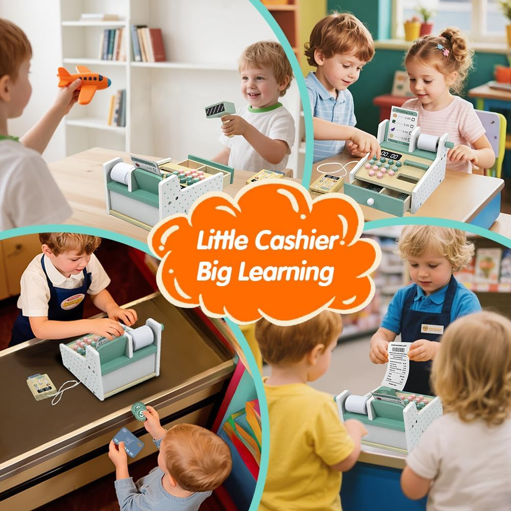 Wooden Cash Register Toy for Kids, Pretend Play Set with Scanner, Card Reader, Play Money & Shopping Lists, Ideal for Birthdays & Festivals, for Boys & Girls Ages 3+ image number 3