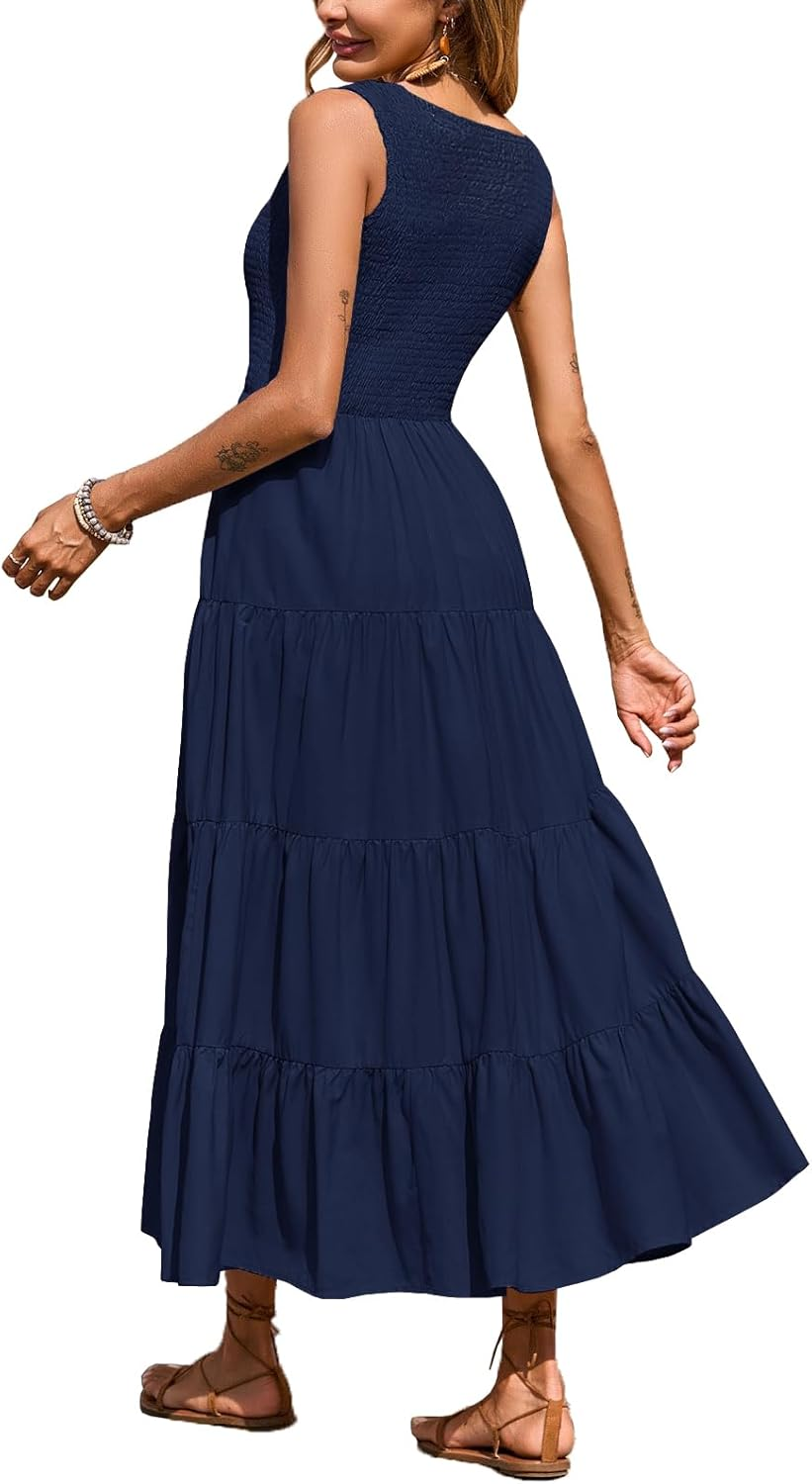 Women'S Nursing Dresses Smocked Crew Neck Summer Sleeveless Tiered Maxi Dress with Pockets image number 3