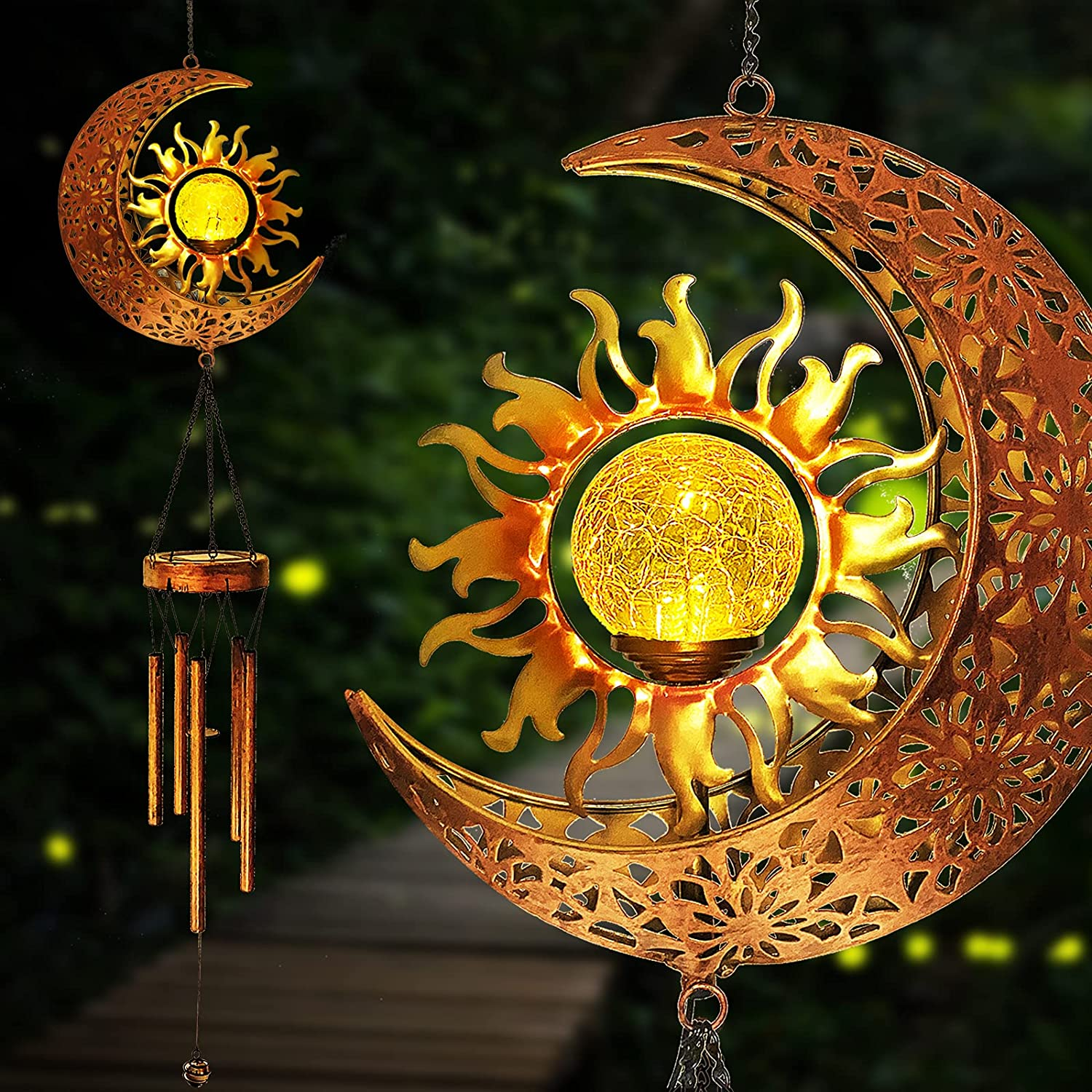 Solar Wind Chimes-Outdoor outside Garden Decorative Wind Chime Light with Cracked Ball-Waterproof Metal LED Hanging Chime Decor (Moon&Sun) image number 4