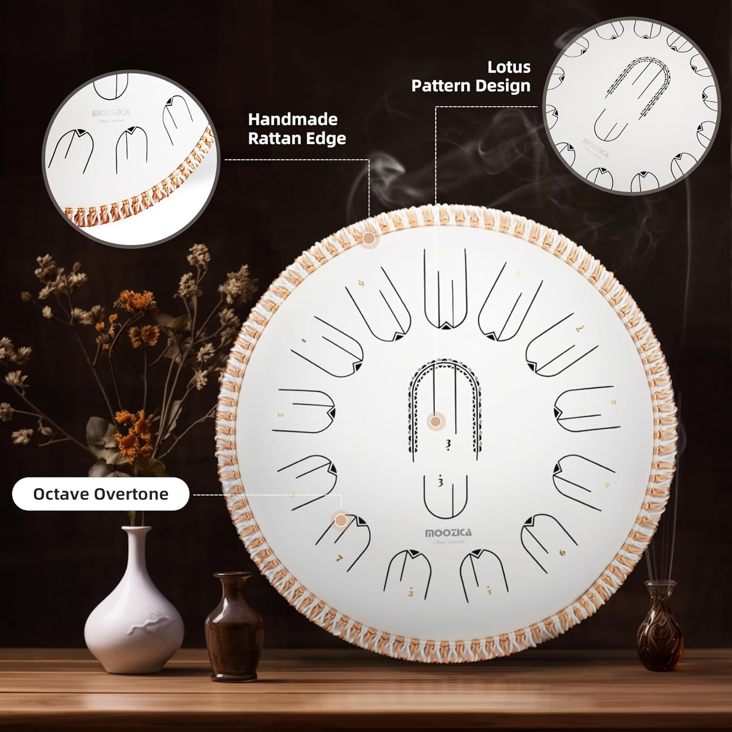 MOOZICA 15 Inch Steel Handpan Tongue Drum - 15 Notes in C Major 432Hz Tongue Drum with Octave Overtone Design - Professional Percussion Tongue Drum Instrument with Carry Bag White