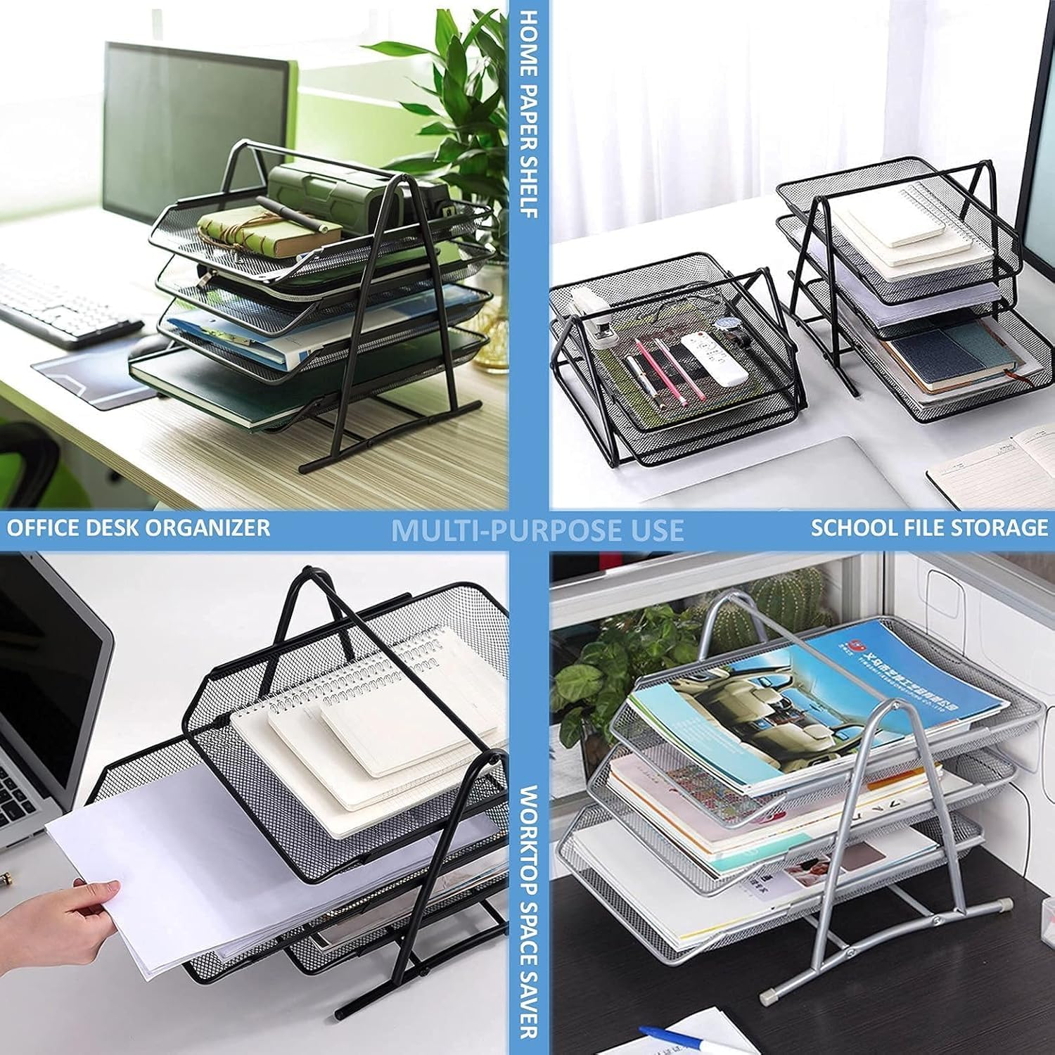 4-Tier Stackable Office Letter Organizer, Desk Tray, Metal Mesh File Storage, Desktop Organizer 12" L X 13.75" W X 12.5" H, (Black) image number 2