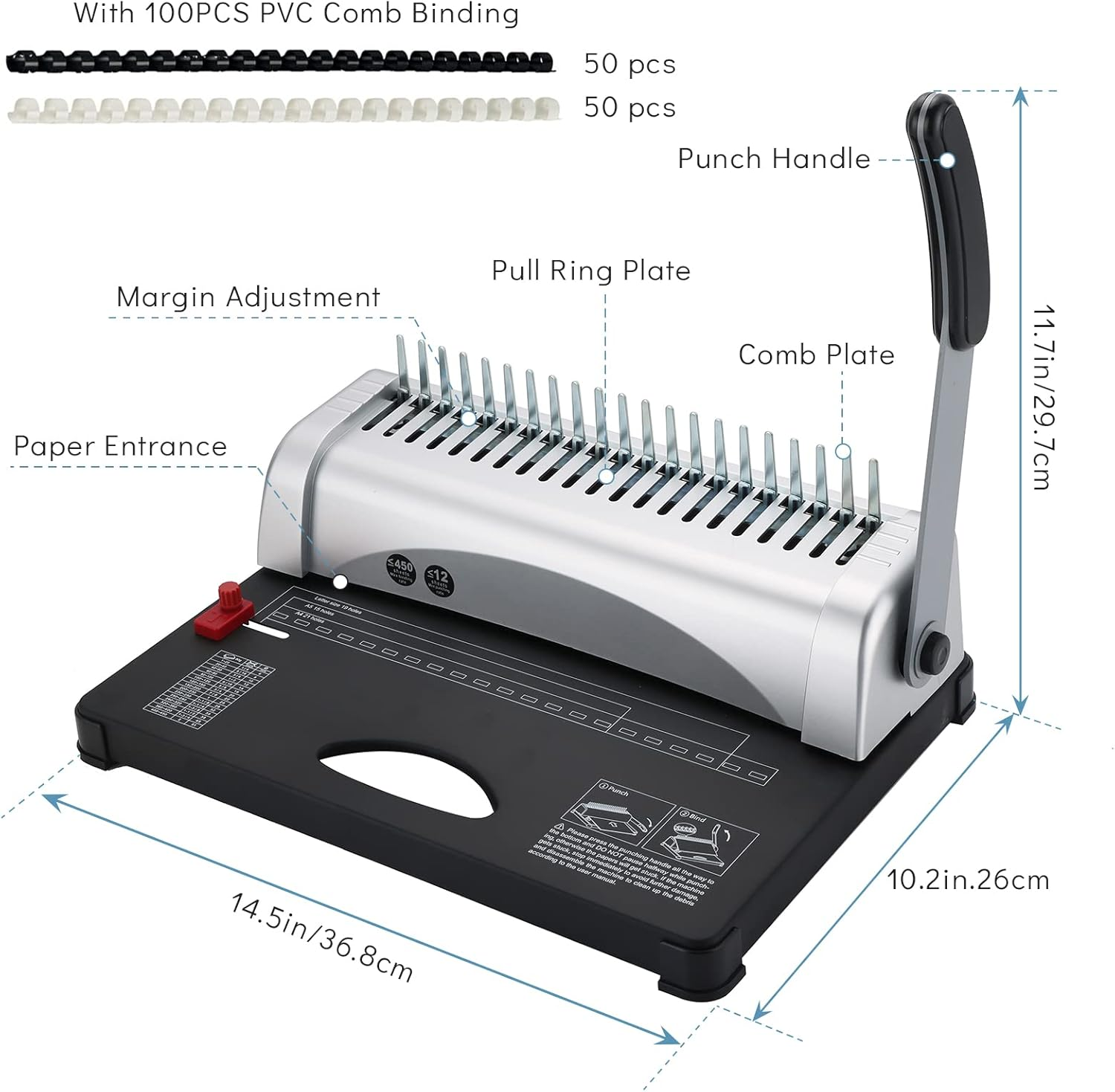 MYFULLY Comb Binding Machine, 21-Holes, 450 Sheets, Paper Punch Binder with Starter Kit 100 PCS PVC Comb Bindings Perfect for Letter Size, A4, A5 or Smaller Sizes Office Documents