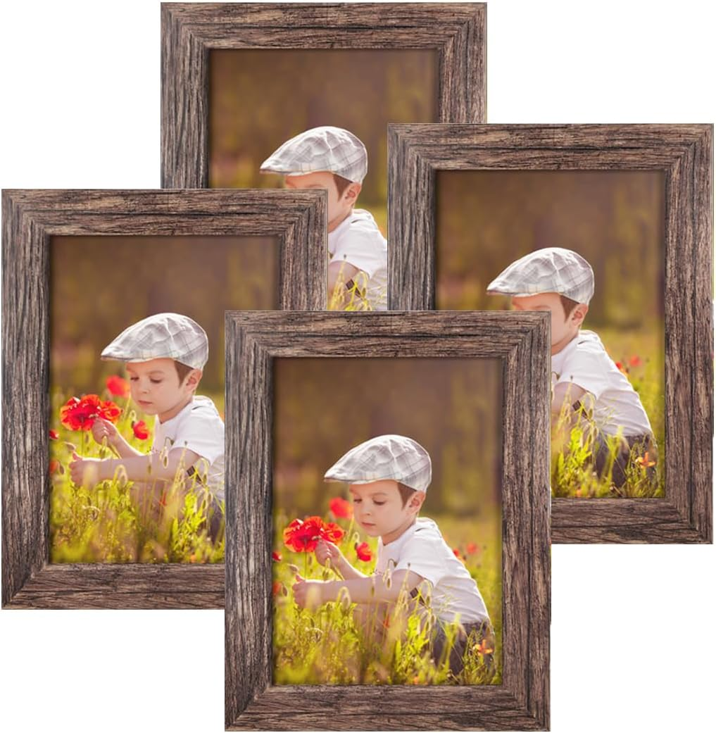 Q.Hou 8X10 Picture Frame Wood Patten Rustic Brown Photo Frames Packs 4 with High Difinition Glass for Tabletop or Wall Decor (AU-QH-PF8X10-BR)