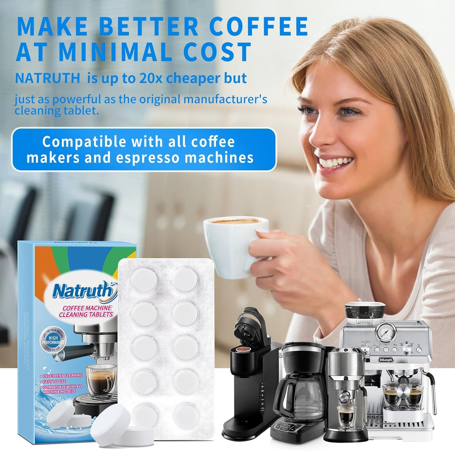 NATRUTH Coffee Cleaning Tablets 20-Pack Coffee Descaler for Espresso Machines,Coffee Makers & Brewers &ndash; Removes Oil,Coffee Residue & Build-Up for Optimal Performance (2G/Capsule) image number 1