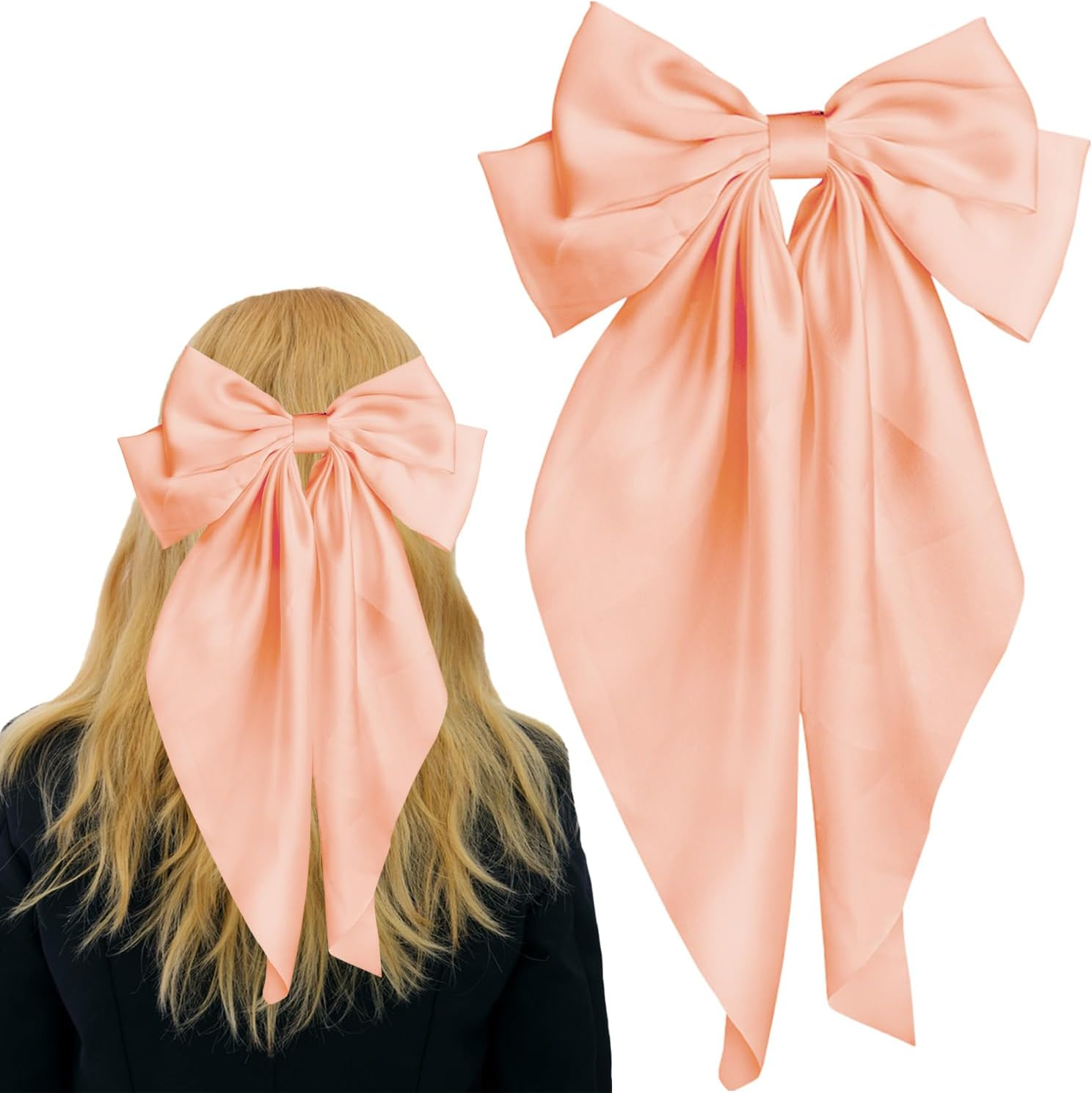 Pufandor Hair Bow Silky Satin Hair Ribbons for Women, Orange Bows for Girls Hair Bowknot Barrettes Long Tails with Clips Big Hair Bows Hair Accessories (Orange 1Pc)